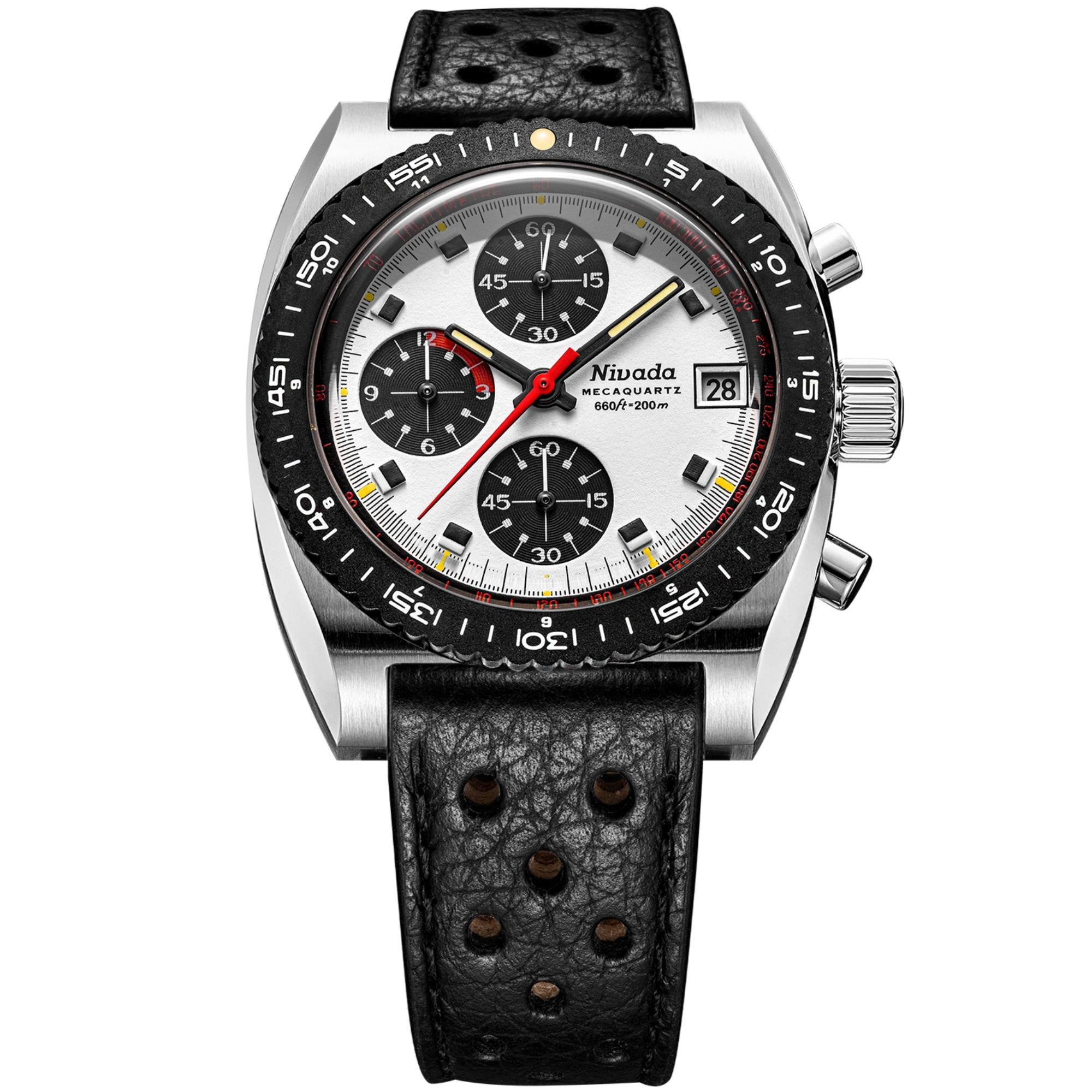 Nivada Grenchen Autochron Mecaquartz 38mm Panda Chronograph White Dial Leather Mens Quartz Watch 77006Q10