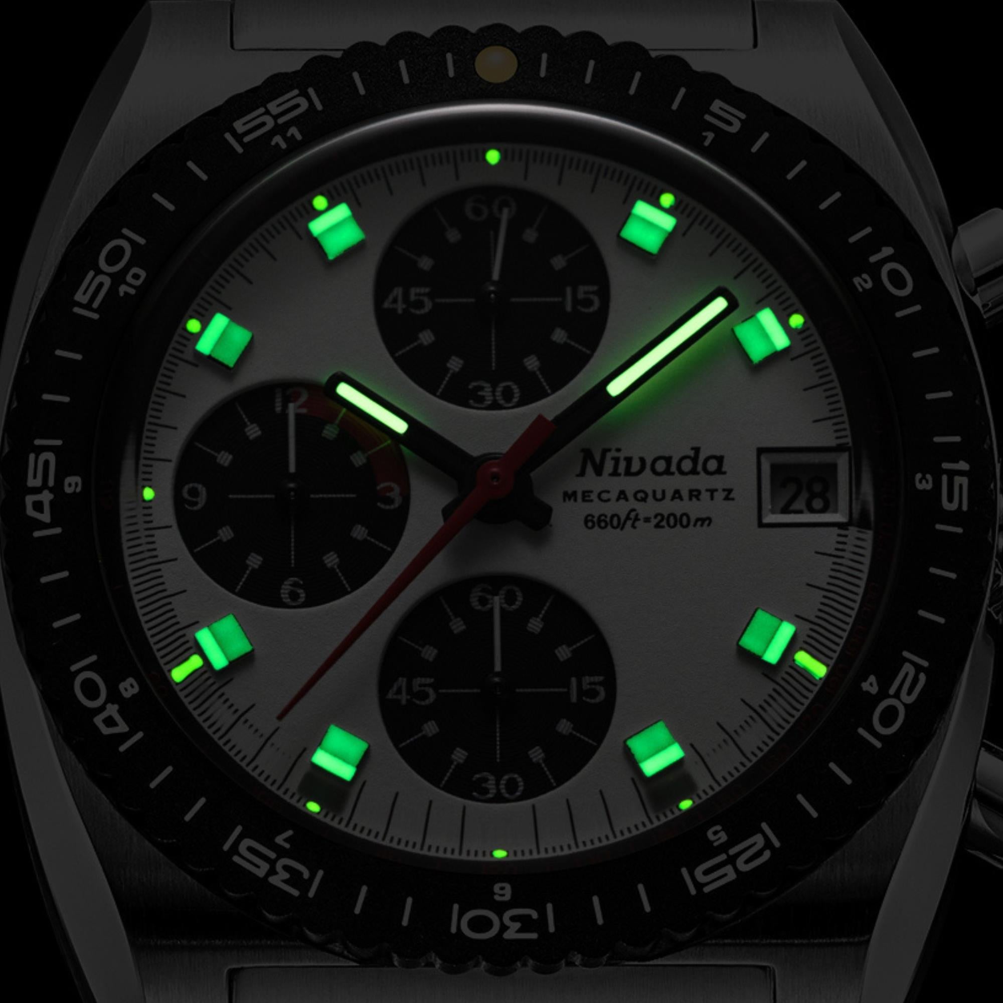 Nivada Grenchen Autochron Mecaquartz 38mm Panda Chronograph White Dial Leather Mens Quartz Watch 77006Q10