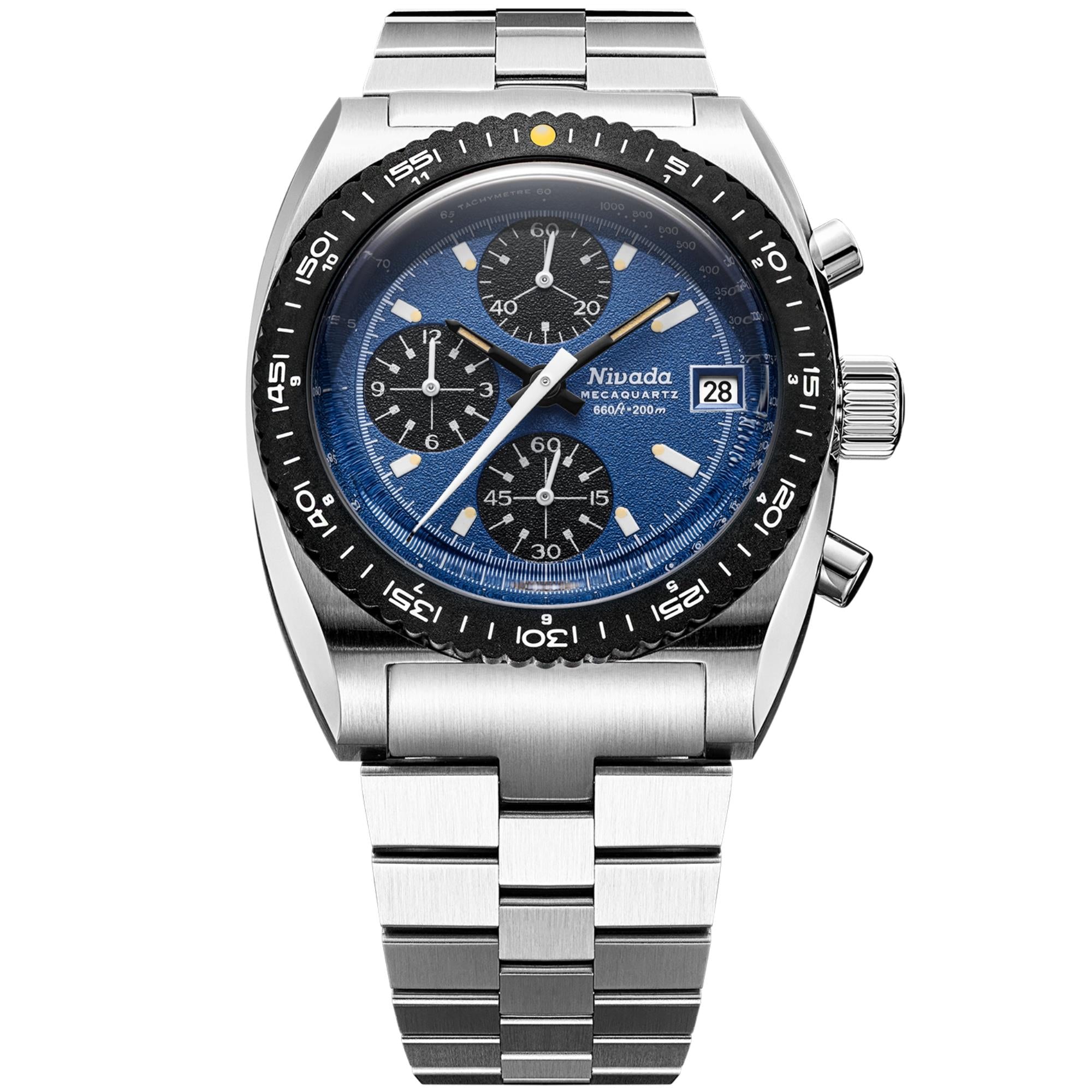 Nivada Grenchen Autochron Mecaquartz 38mm Chronograph Blue Dial Steel Mens Quartz Watch 77005Q45