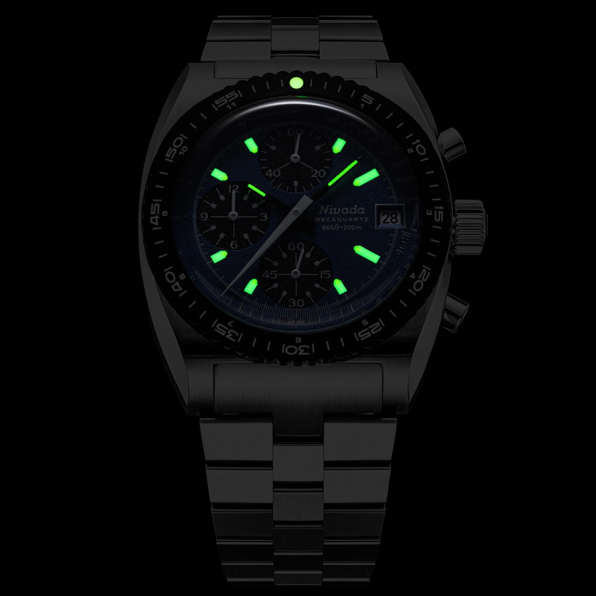 Nivada Grenchen Autochron Mecaquartz 38mm Chronograph Blue Dial Steel Mens Quartz Watch 77005Q45