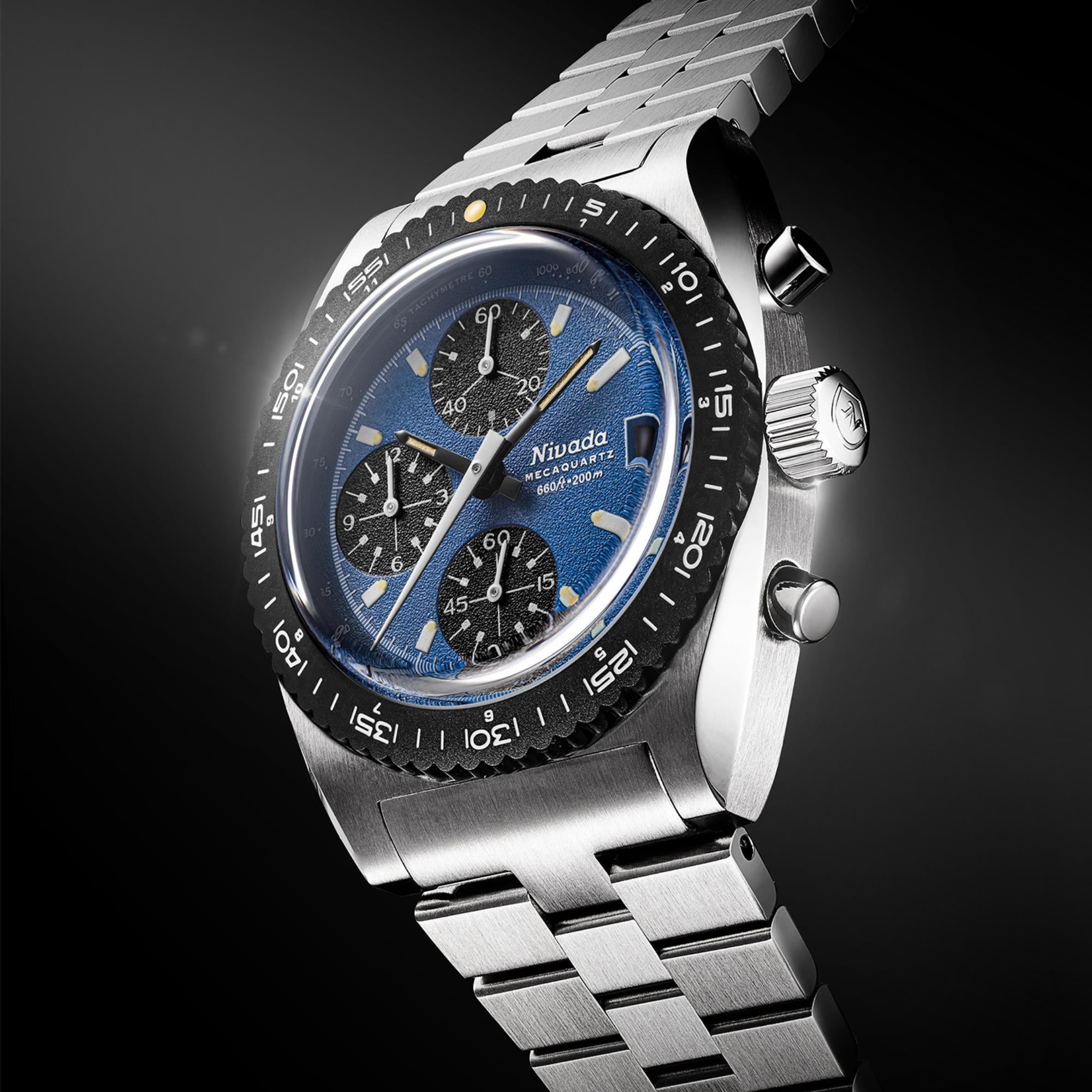 Nivada Grenchen Autochron Mecaquartz 38mm Chronograph Blue Dial Steel Mens Quartz Watch 77005Q45
