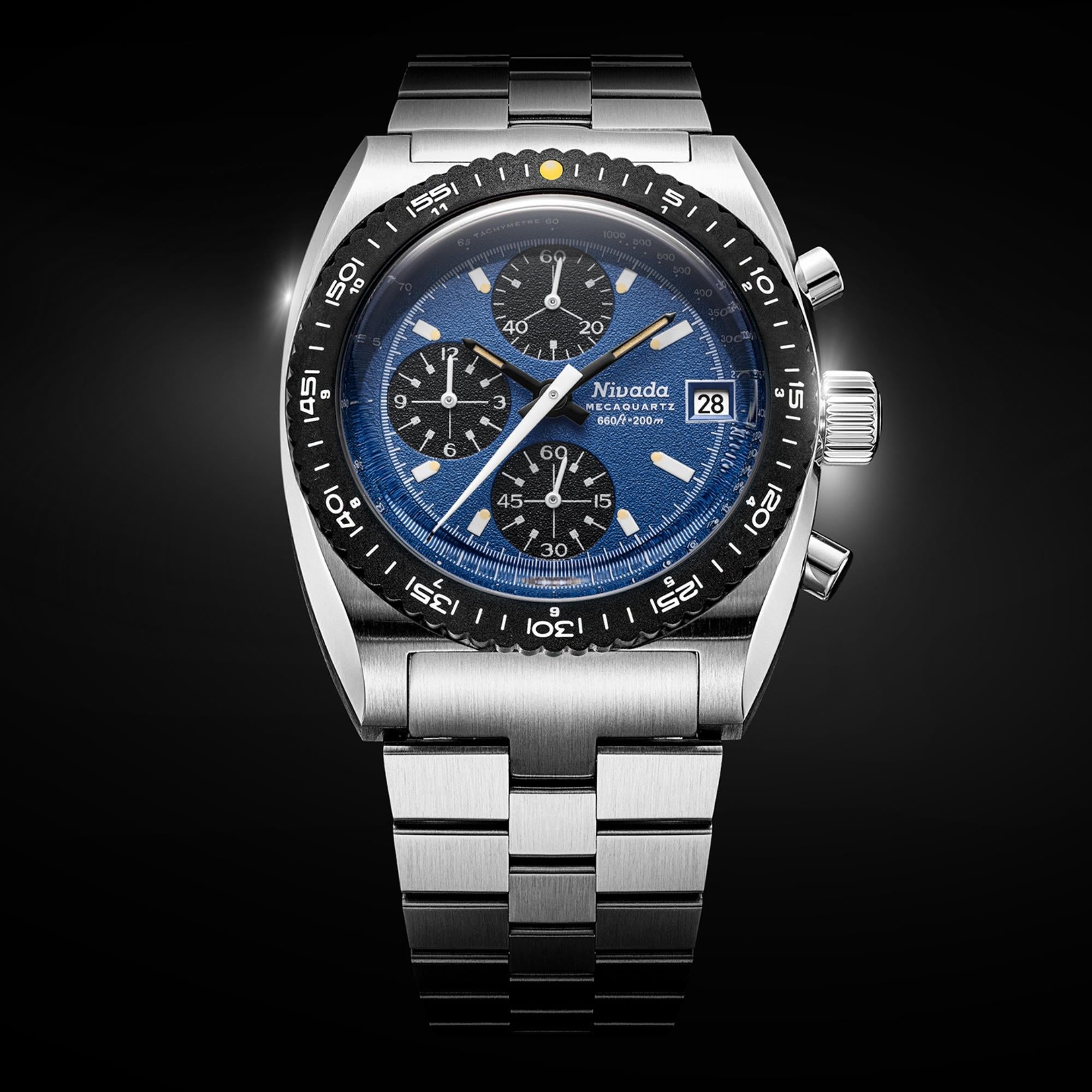 Nivada Grenchen Autochron Mecaquartz 38mm Chronograph Blue Dial Steel Mens Quartz Watch 77005Q45