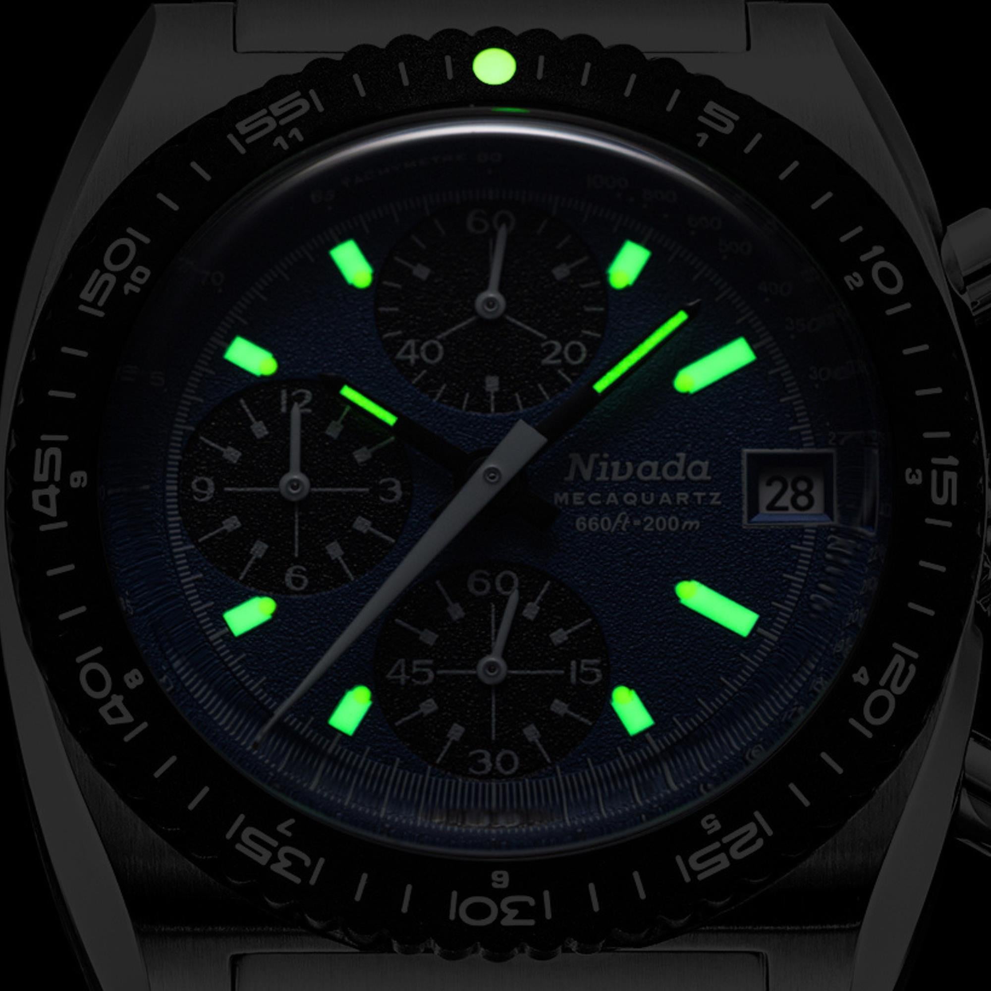 Nivada Grenchen Autochron Mecaquartz 38mm Chronograph Blue Dial Rubber Mens Quartz Watch 77005Q24