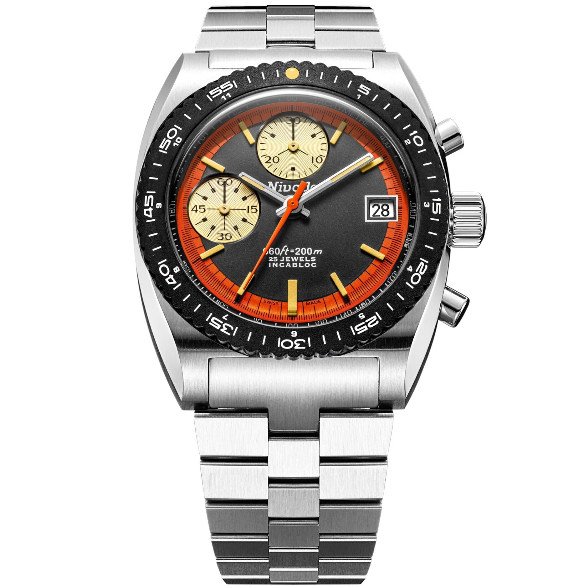 Nivada Grenchen Autochron 38mm Orange Chronograph Black Dial Steel Mens Automatic Watch 77004A45
