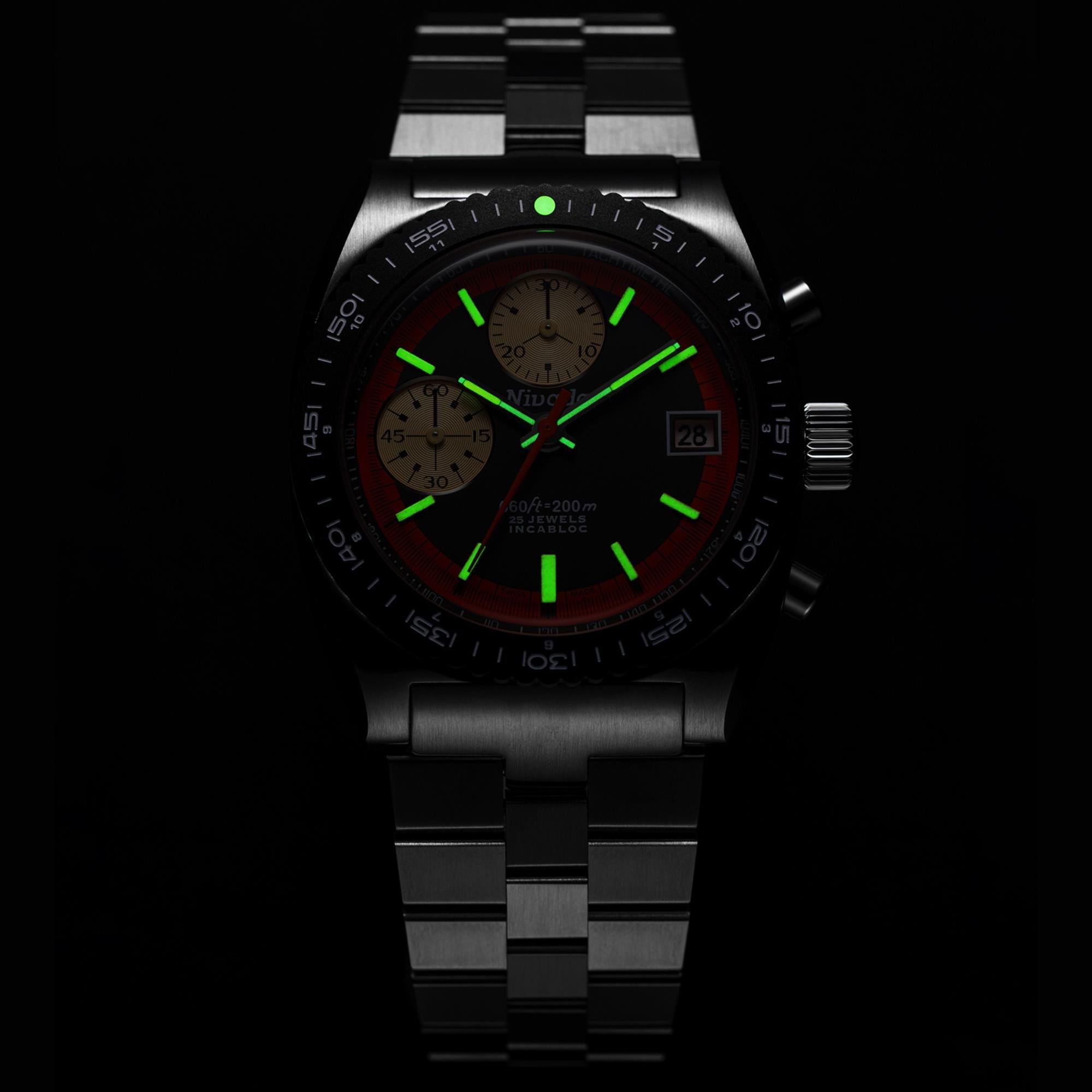 Nivada Grenchen Autochron 38mm Orange Chronograph Black Dial Steel Mens Automatic Watch 77004A45
