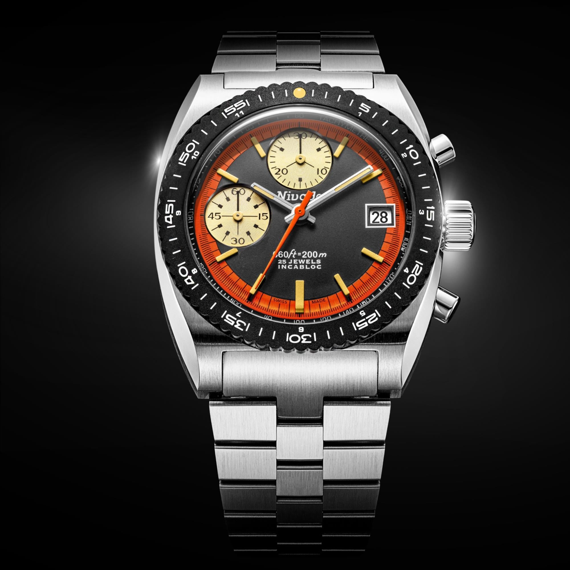 Nivada Grenchen Autochron 38mm Orange Chronograph Black Dial Steel Mens Automatic Watch 77004A45