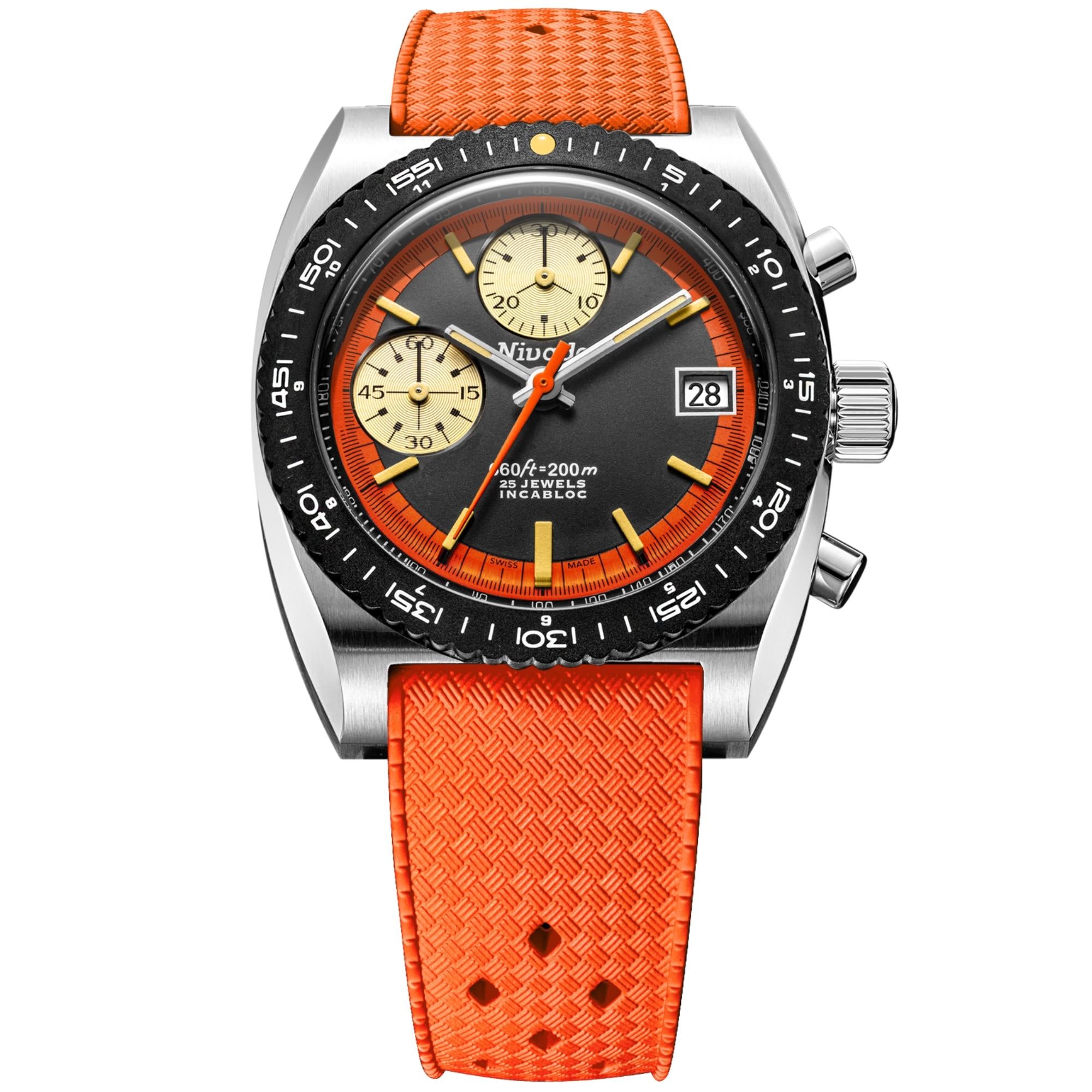 Nivada Grenchen Autochron 38mm Orange Chronograph Black Dial Rubber Mens Automatic Watch 77004A27