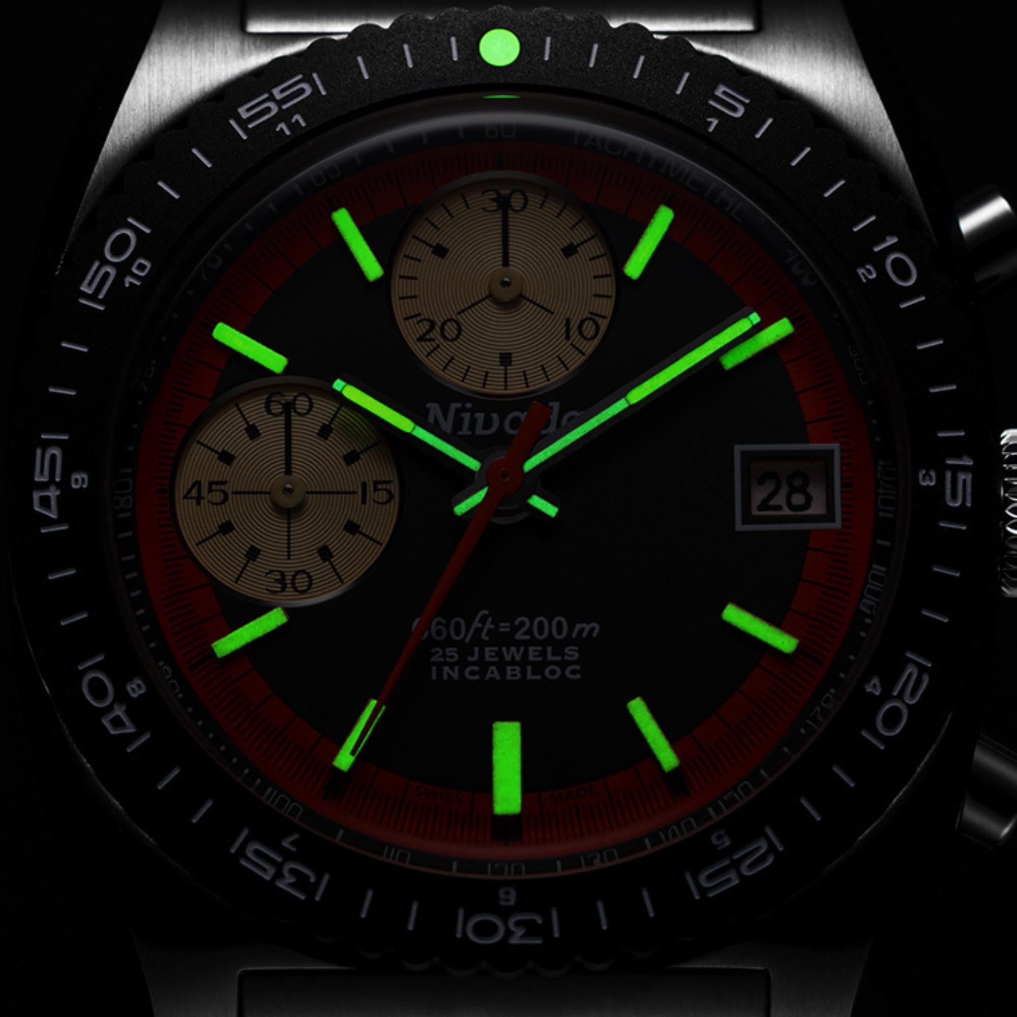 Nivada Grenchen Autochron 38mm Orange Chronograph Black Dial Rubber Mens Automatic Watch 77004A27
