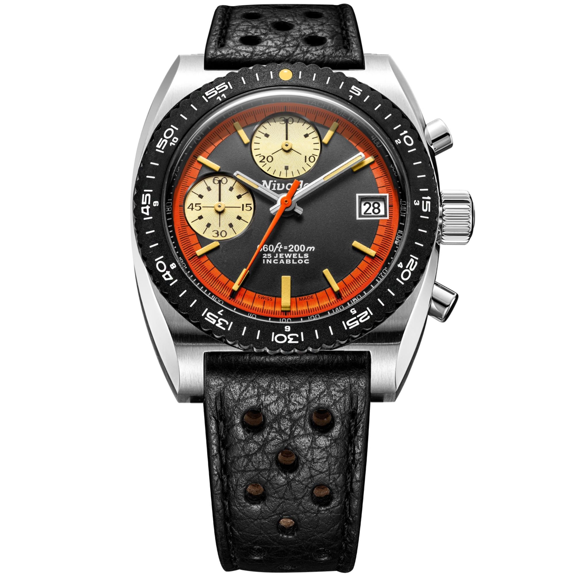 Nivada Grenchen Autochron 38mm Orange Chronograph Black Dial Leather Mens Automatic Watch 77004A10