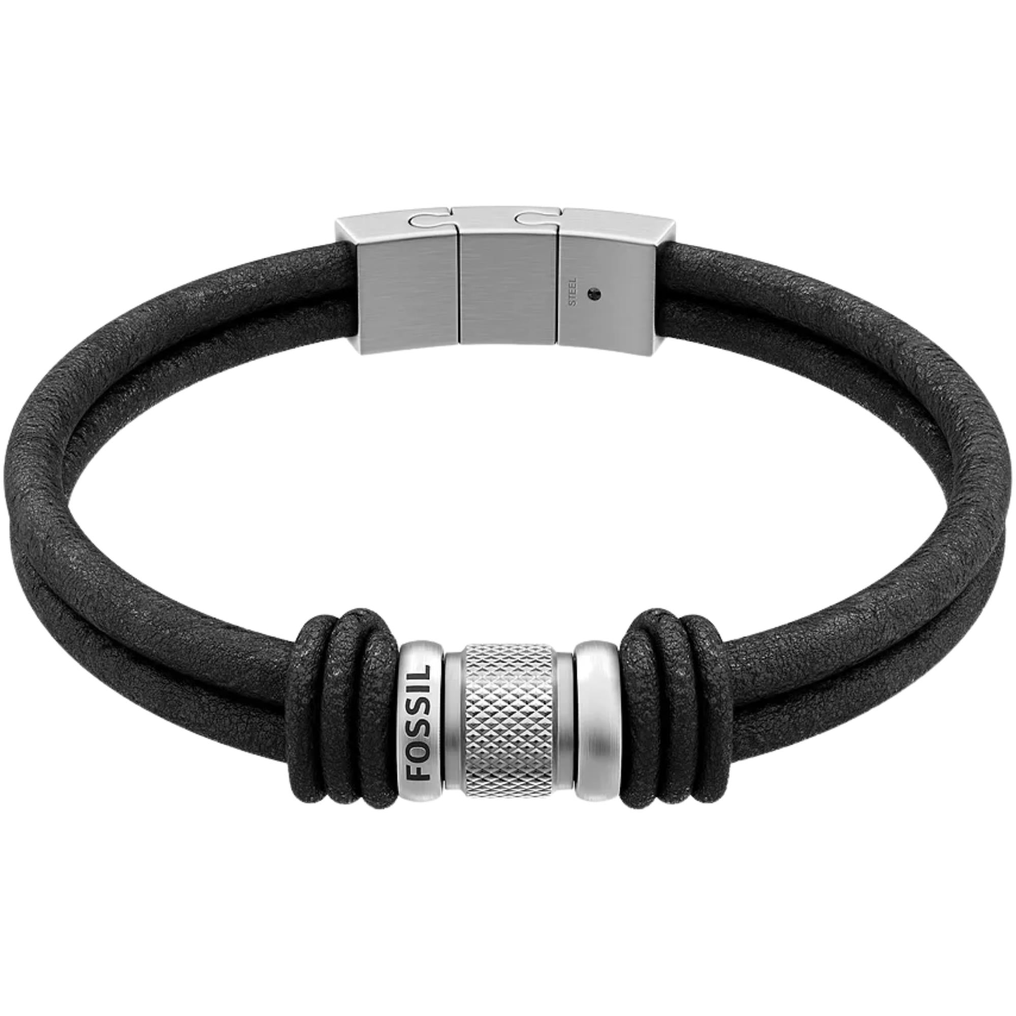 Fossil Machine Rondelles Black Leather Multi-Strand Mens Bracelet JF05008040