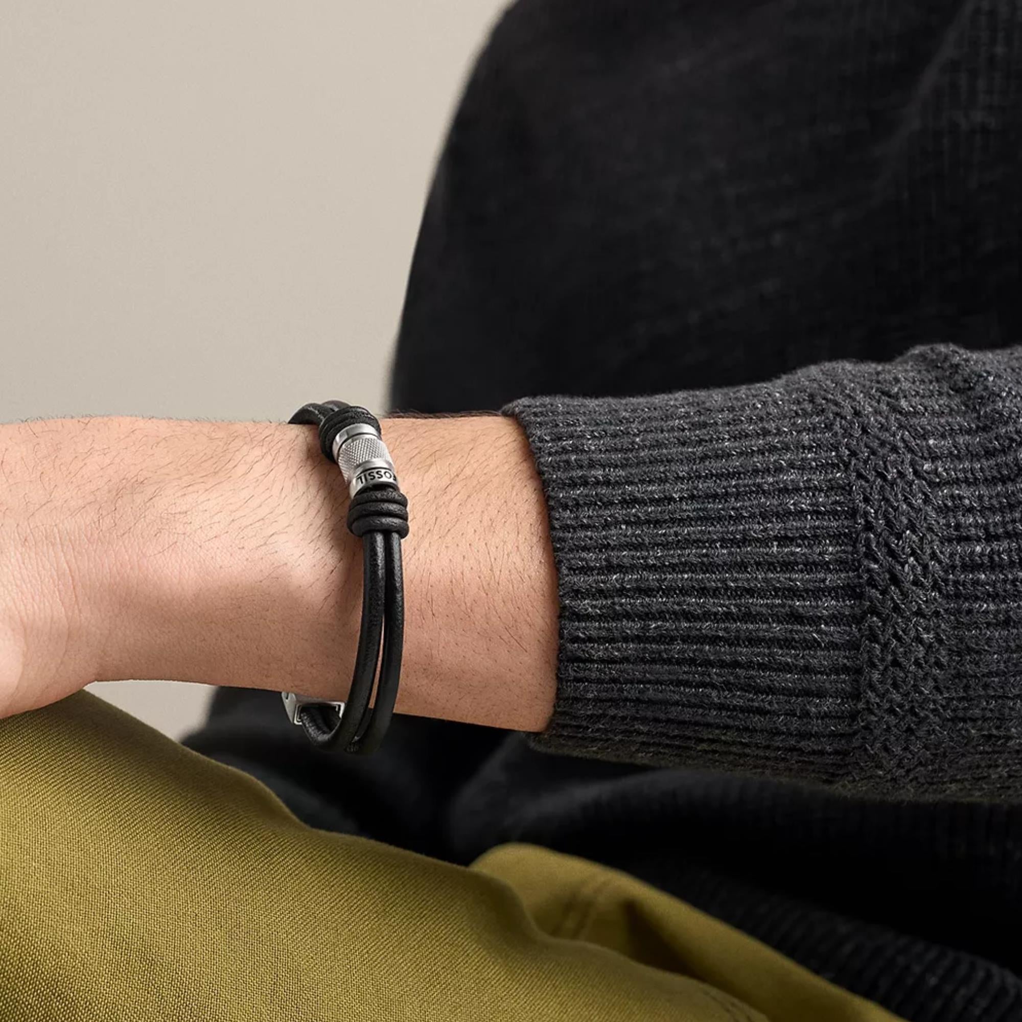 Fossil Machine Rondelles Black Leather Multi-Strand Mens Bracelet JF05008040