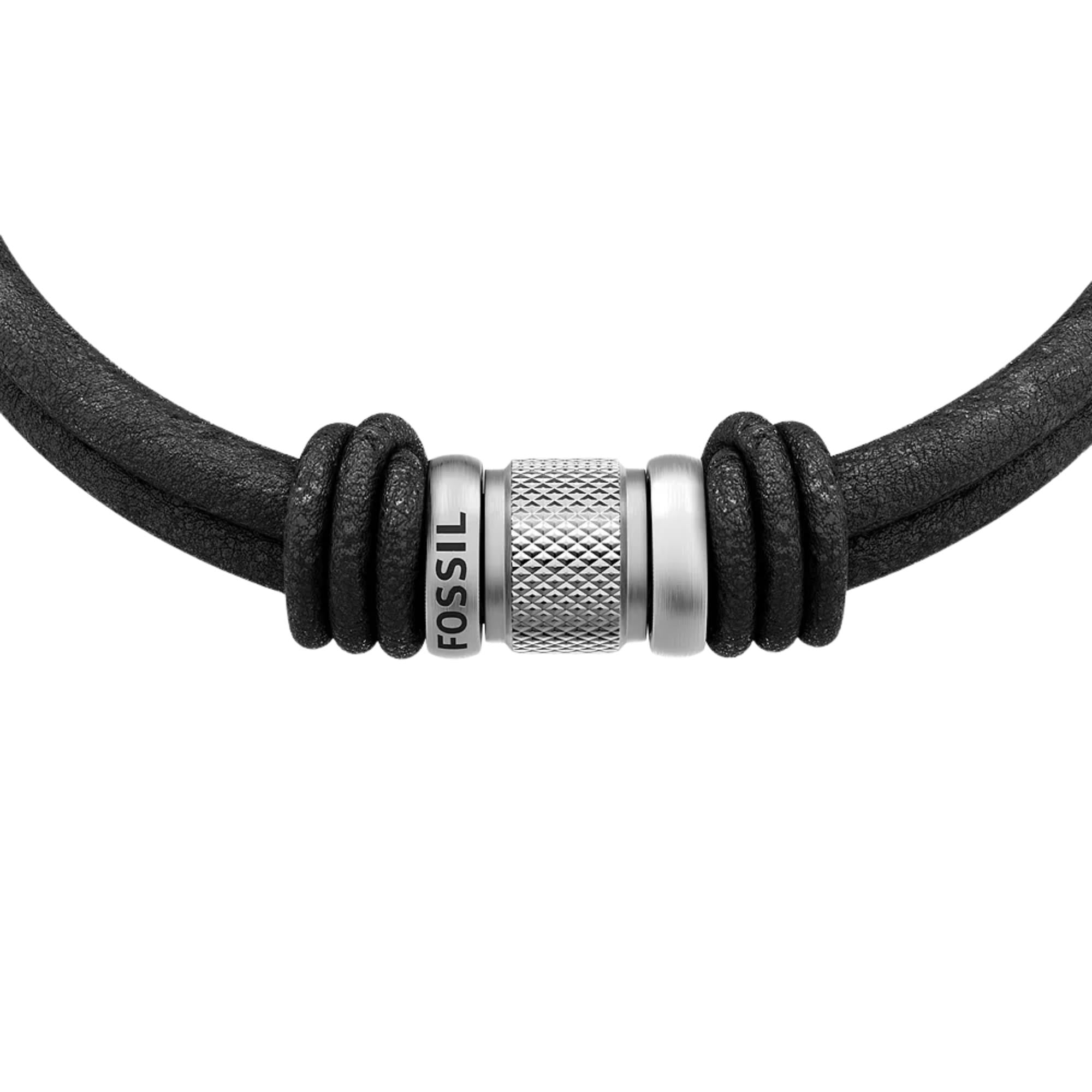 Fossil Machine Rondelles Black Leather Multi-Strand Mens Bracelet JF05008040