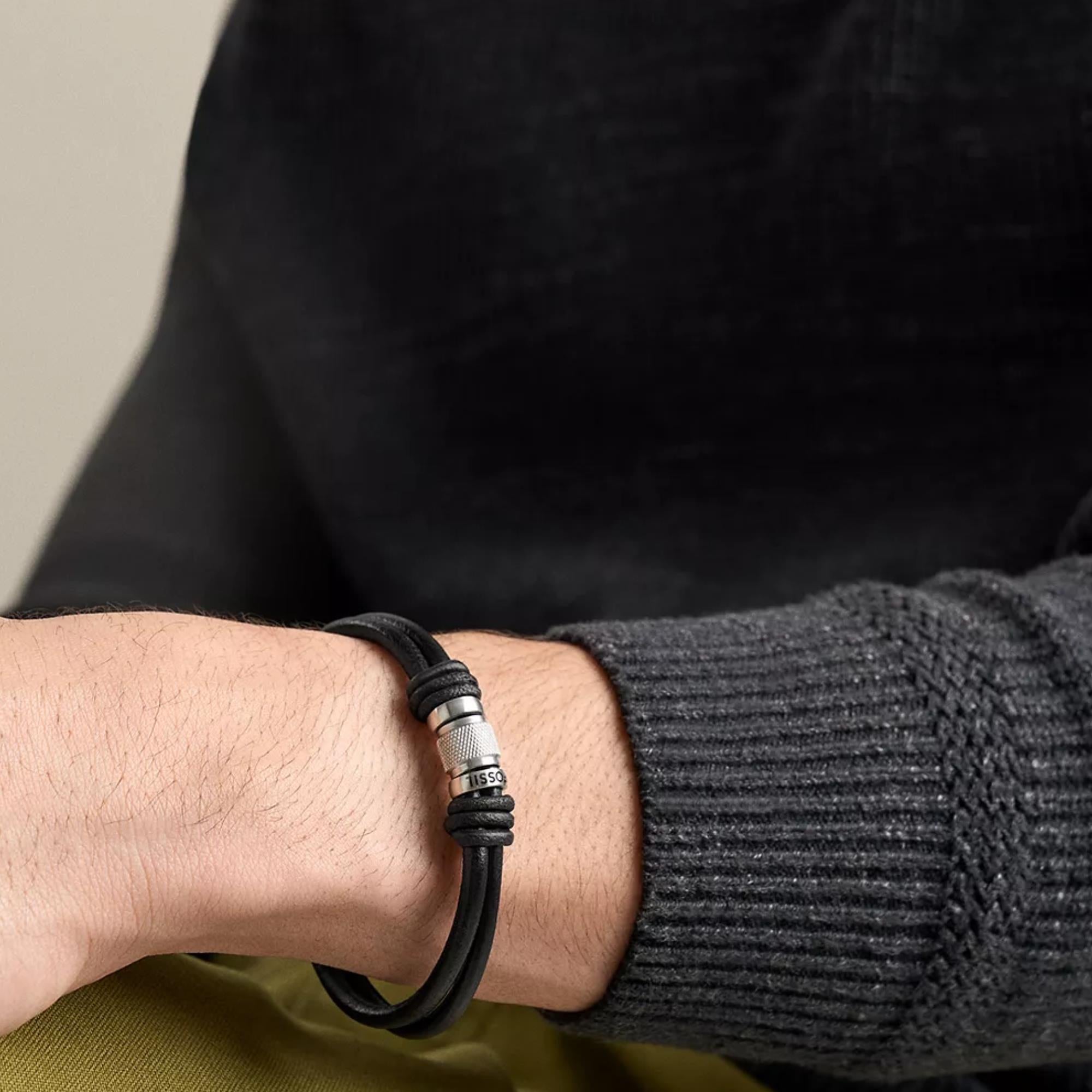 Fossil Machine Rondelles Black Leather Multi-Strand Mens Bracelet JF05008040