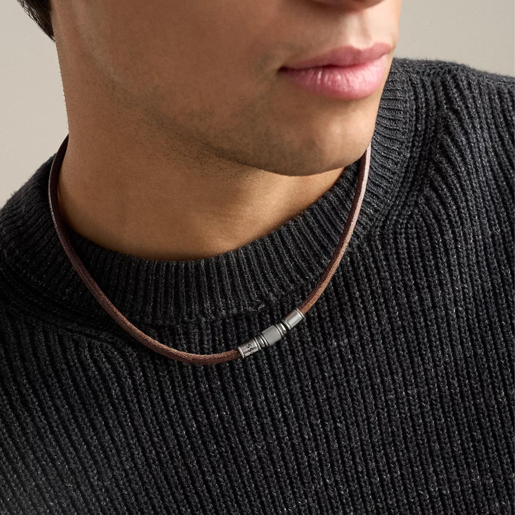Fossil Machine Rondelles Brown Leather Station Mens Necklace JF05007998