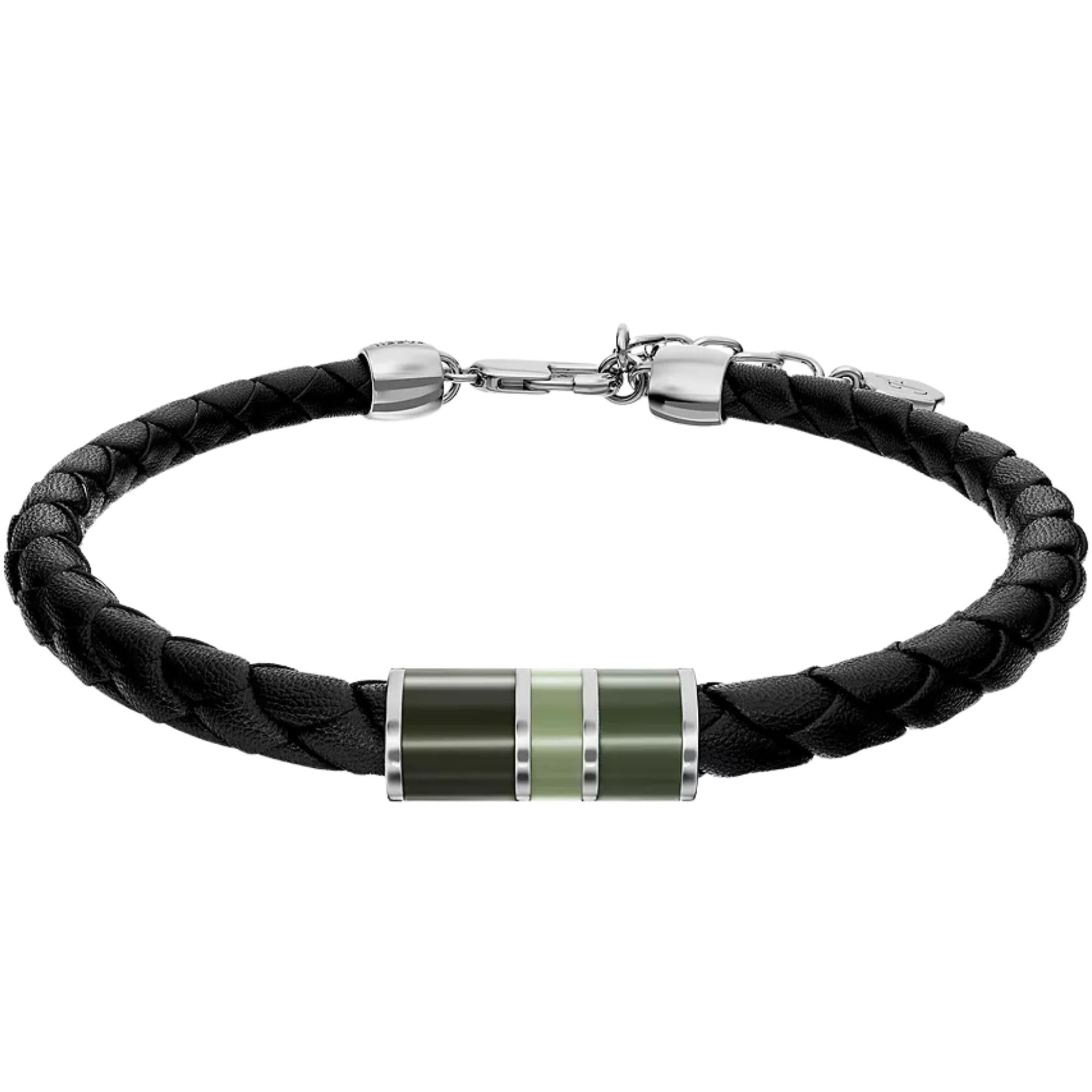 Fossil Everett Enamel Black Leather Station Mens Bracelet JF05024040