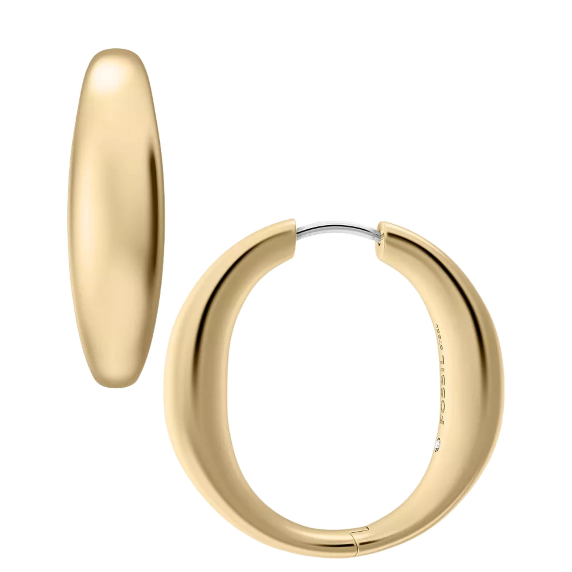 Fossil Ellis Domed Large Gold Steel Hoop Ladies Hoop Earrings JF05003710