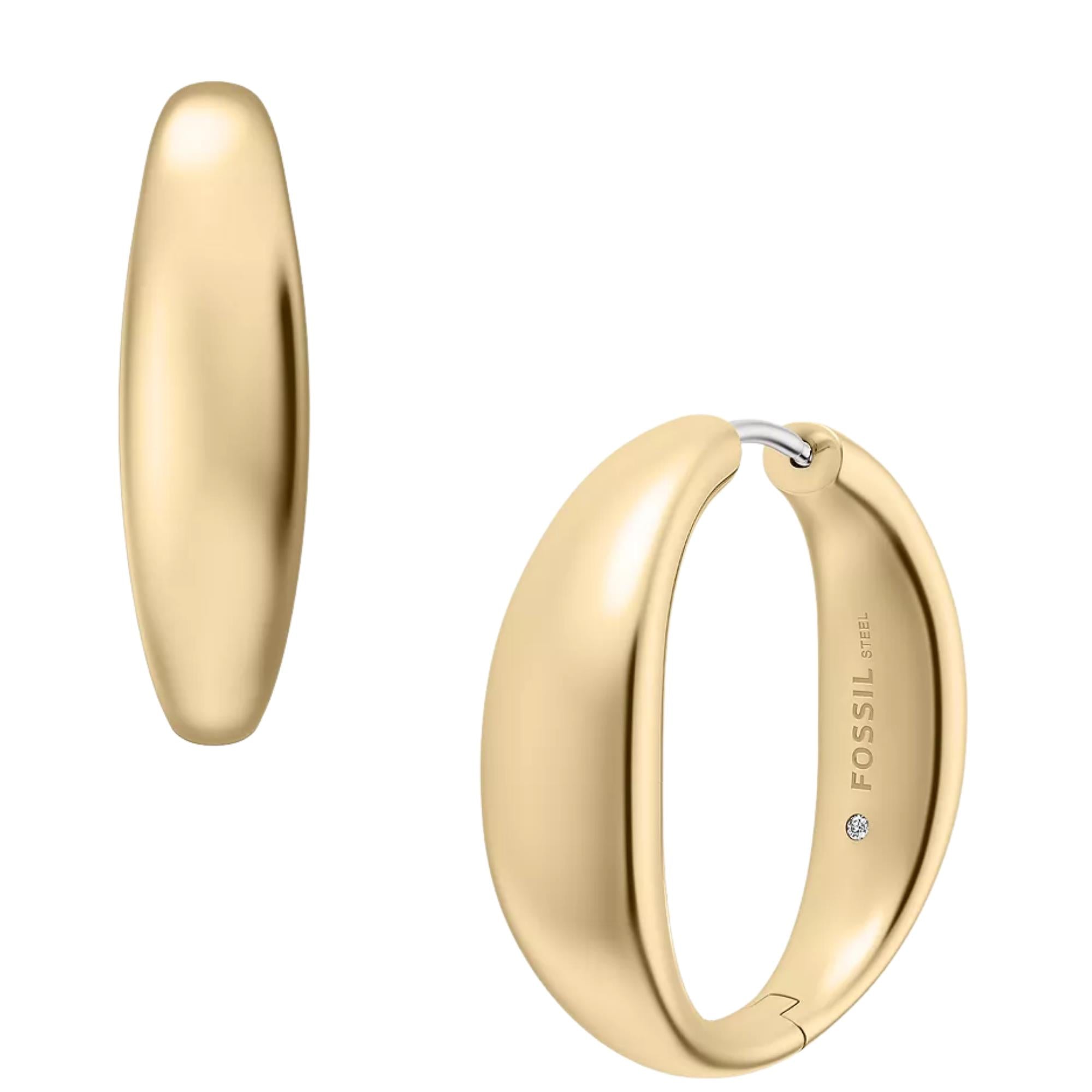 Fossil Ellis Domed Large Gold Steel Hoop Ladies Hoop Earrings JF05003710