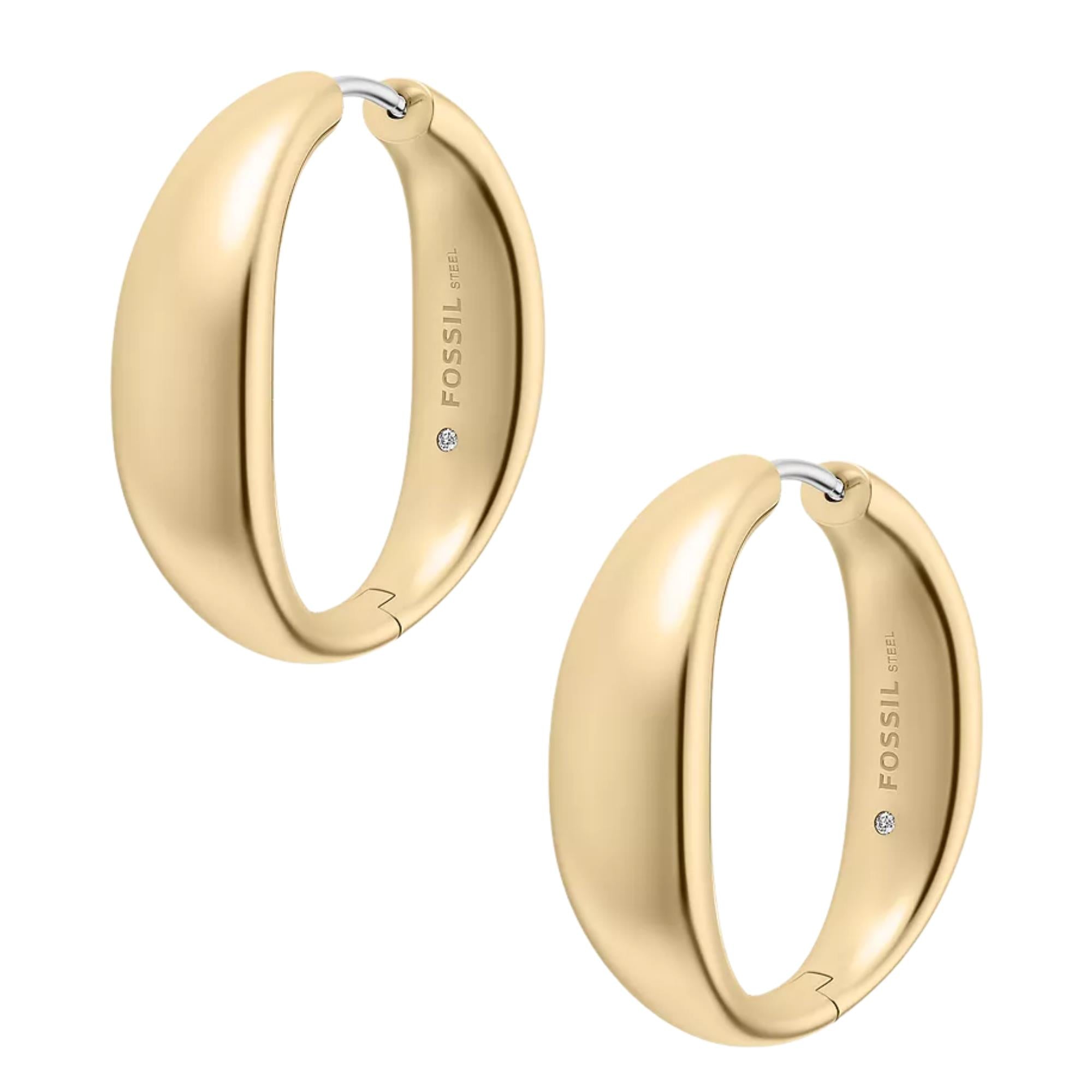 Fossil Ellis Domed Large Gold Steel Hoop Ladies Hoop Earrings JF05003710