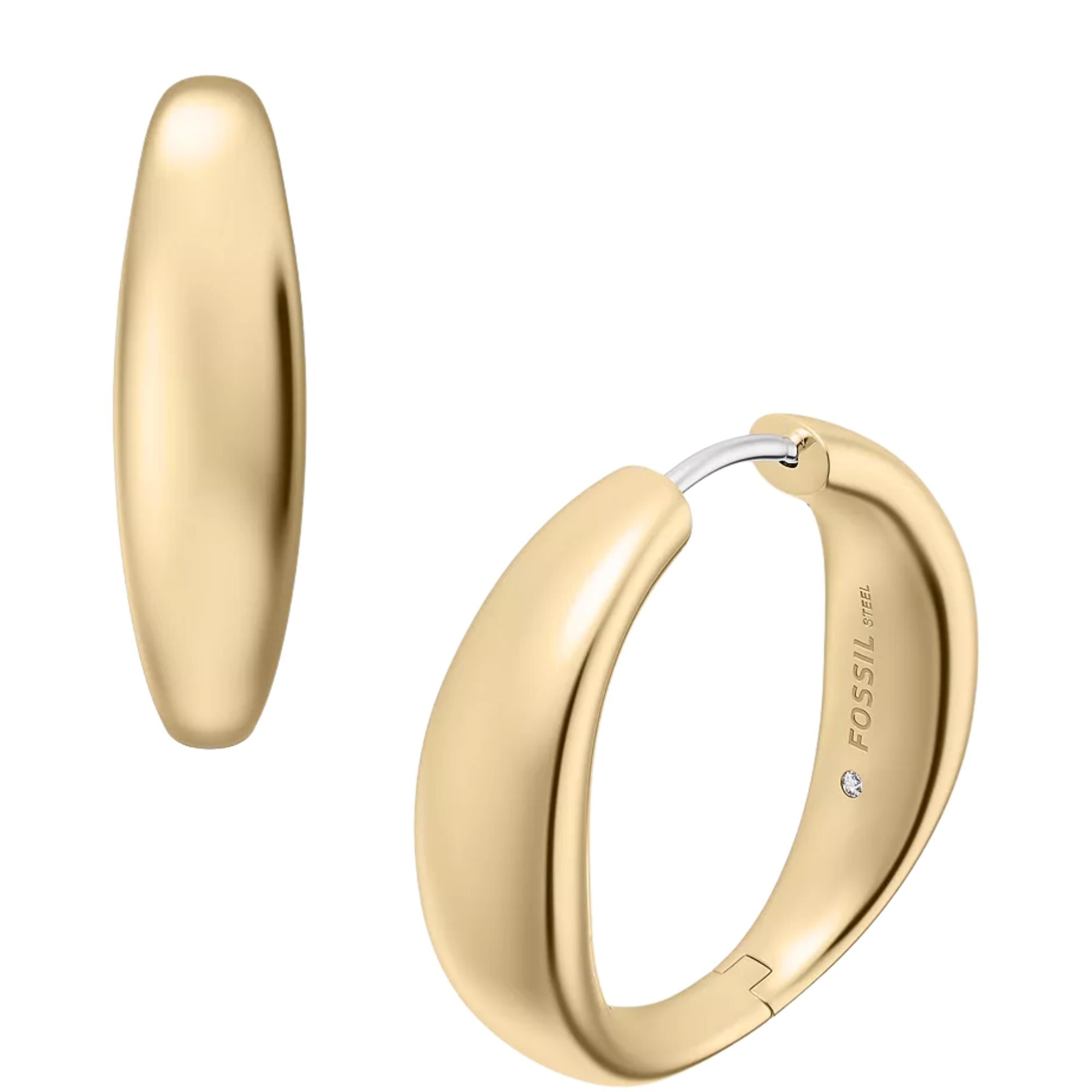 Fossil Ellis Domed Large Gold Steel Hoop Ladies Hoop Earrings JF05003710