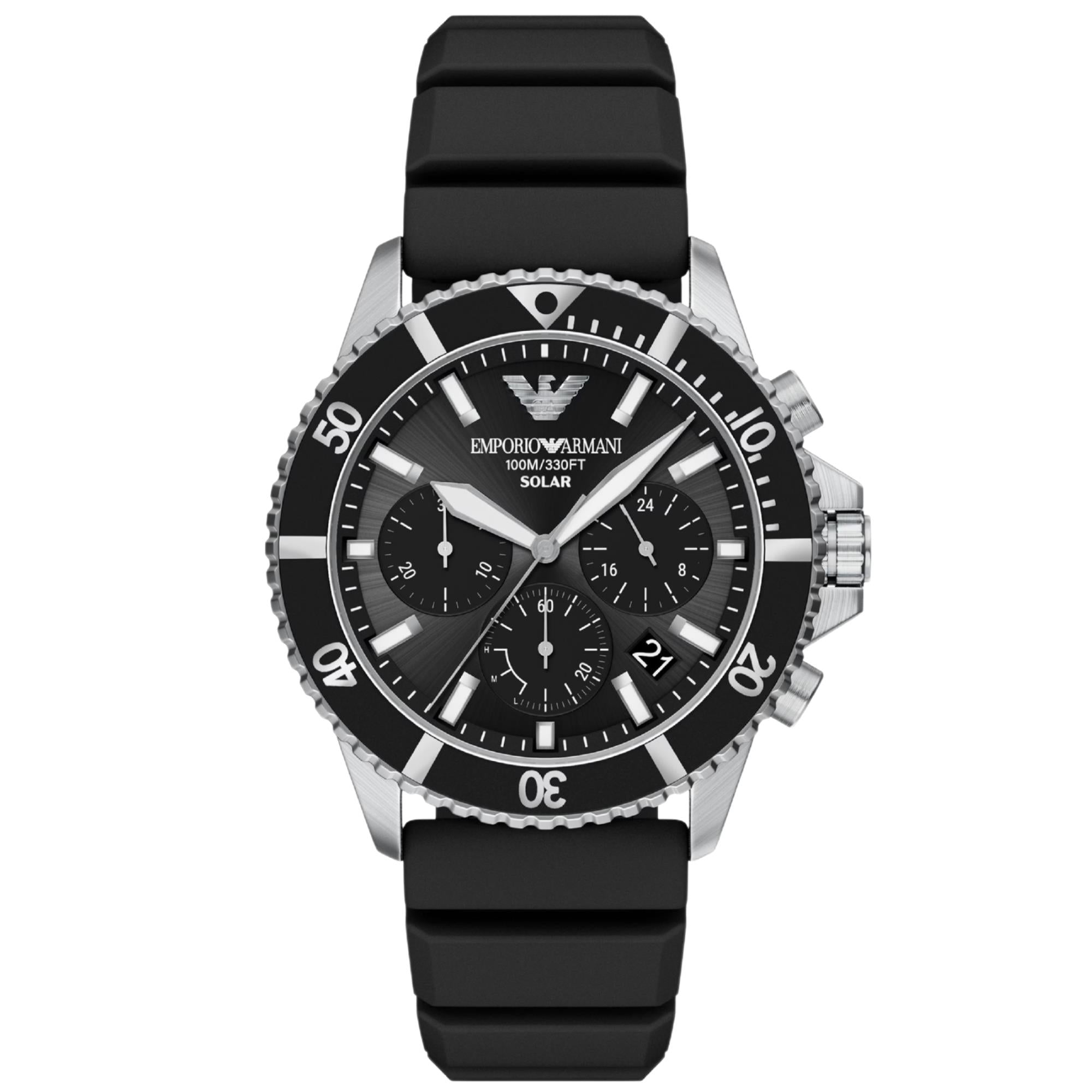 Emporio Armani World Explorer 43mm Solar Chronograph Black Dial Silicone Mens Quartz Watch AR11830