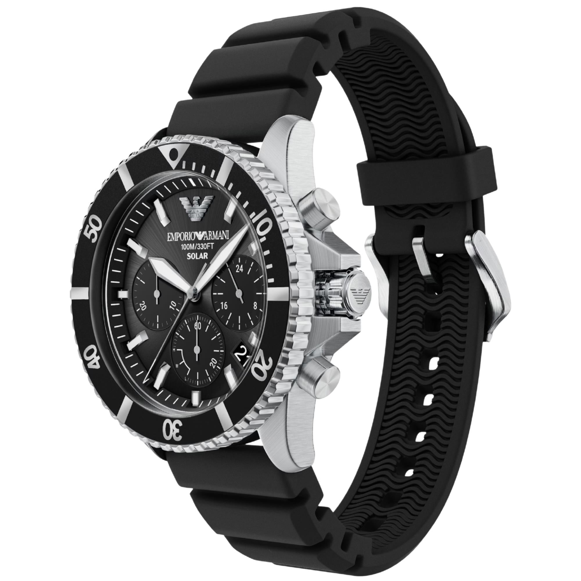 Emporio Armani World Explorer 43mm Solar Chronograph Black Dial Silicone Mens Quartz Watch AR11830
