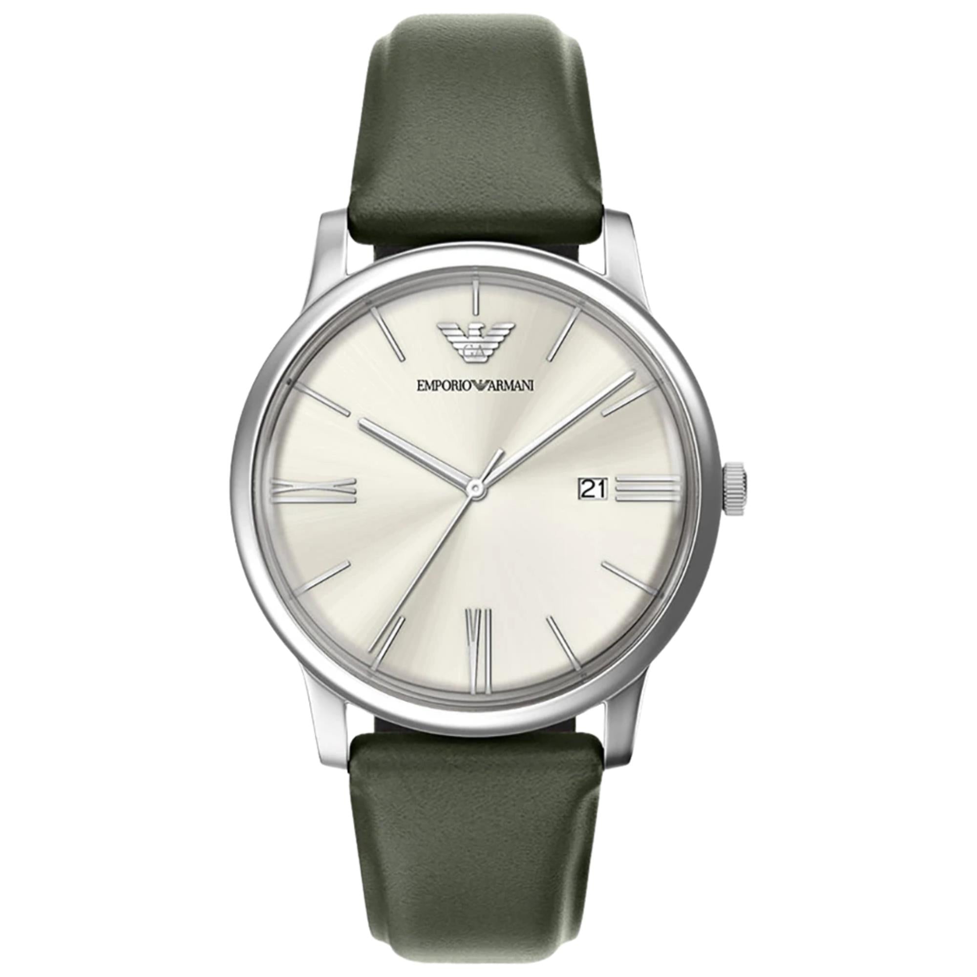 Emporio Armani Minimalist 39mm Ivory Dial Leather Mens Quartz Watch AR11811