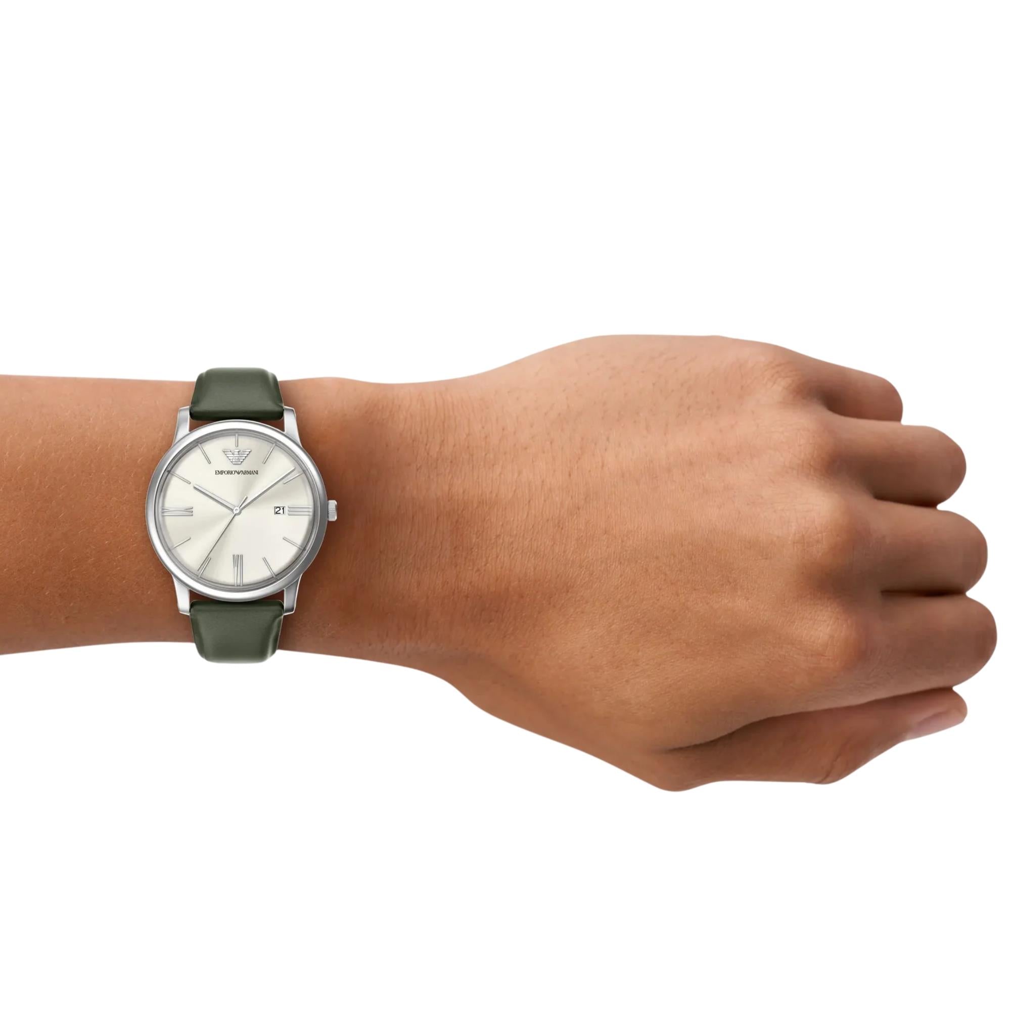 Emporio Armani Minimalist 39mm Ivory Dial Leather Mens Quartz Watch AR11811