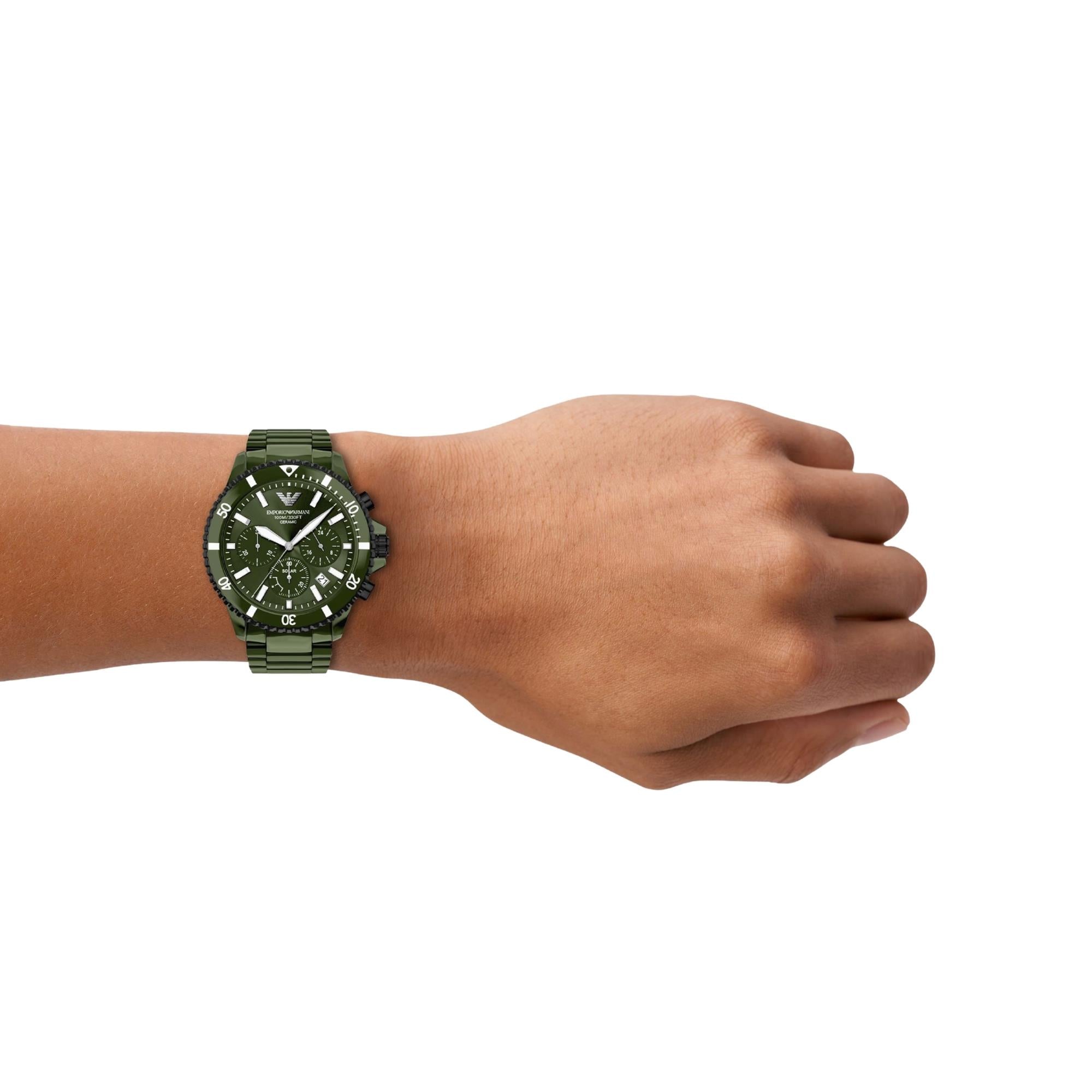 Emporio Armani World Explorer 44m Solar Chronograph Green Dial Ceramic Mens Quartz Watch AR70023