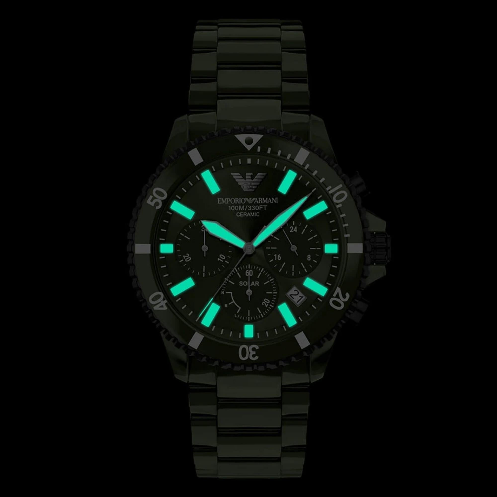 Emporio Armani World Explorer 44m Solar Chronograph Green Dial Ceramic Mens Quartz Watch AR70023