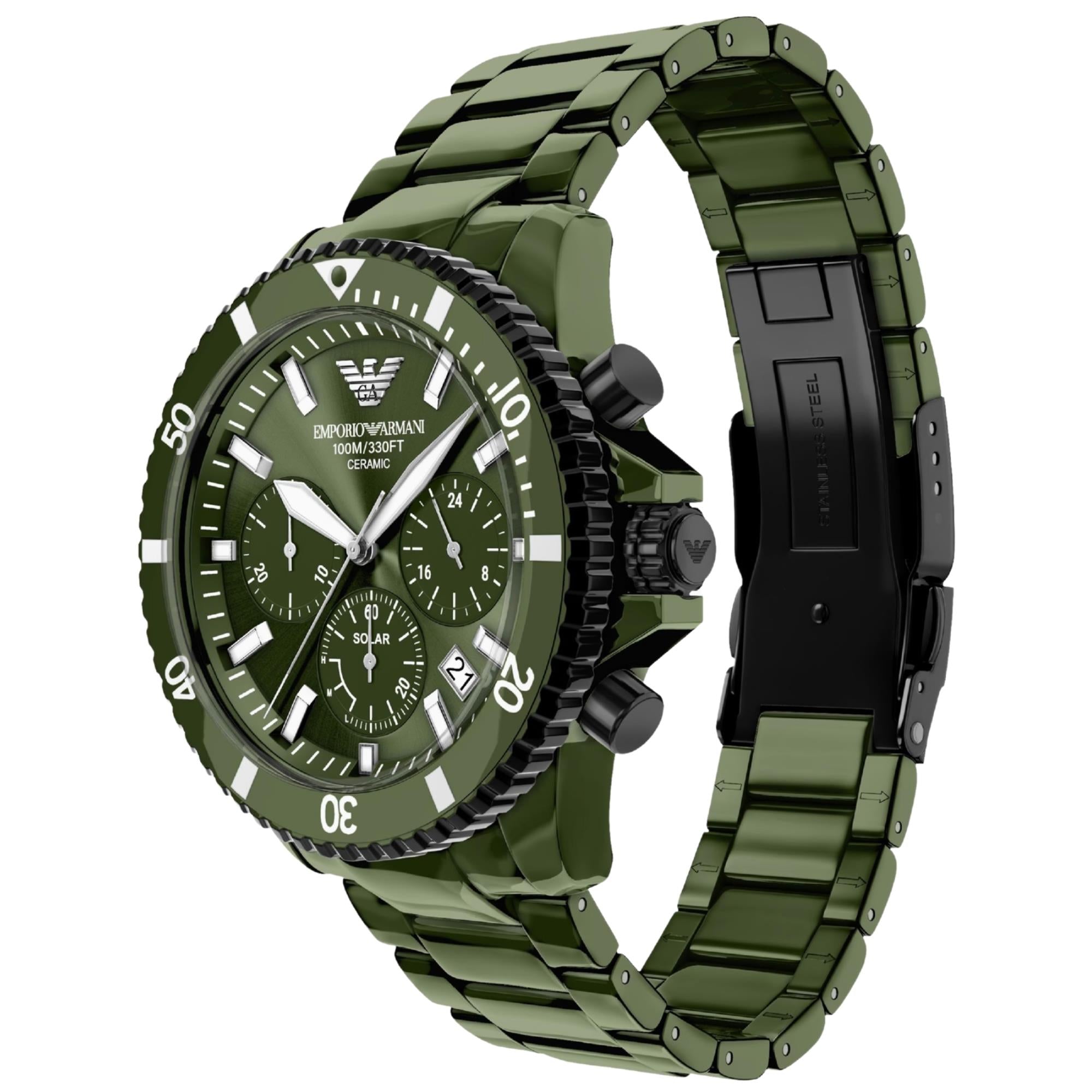 Emporio Armani World Explorer 44m Solar Chronograph Green Dial Ceramic Mens Quartz Watch AR70023