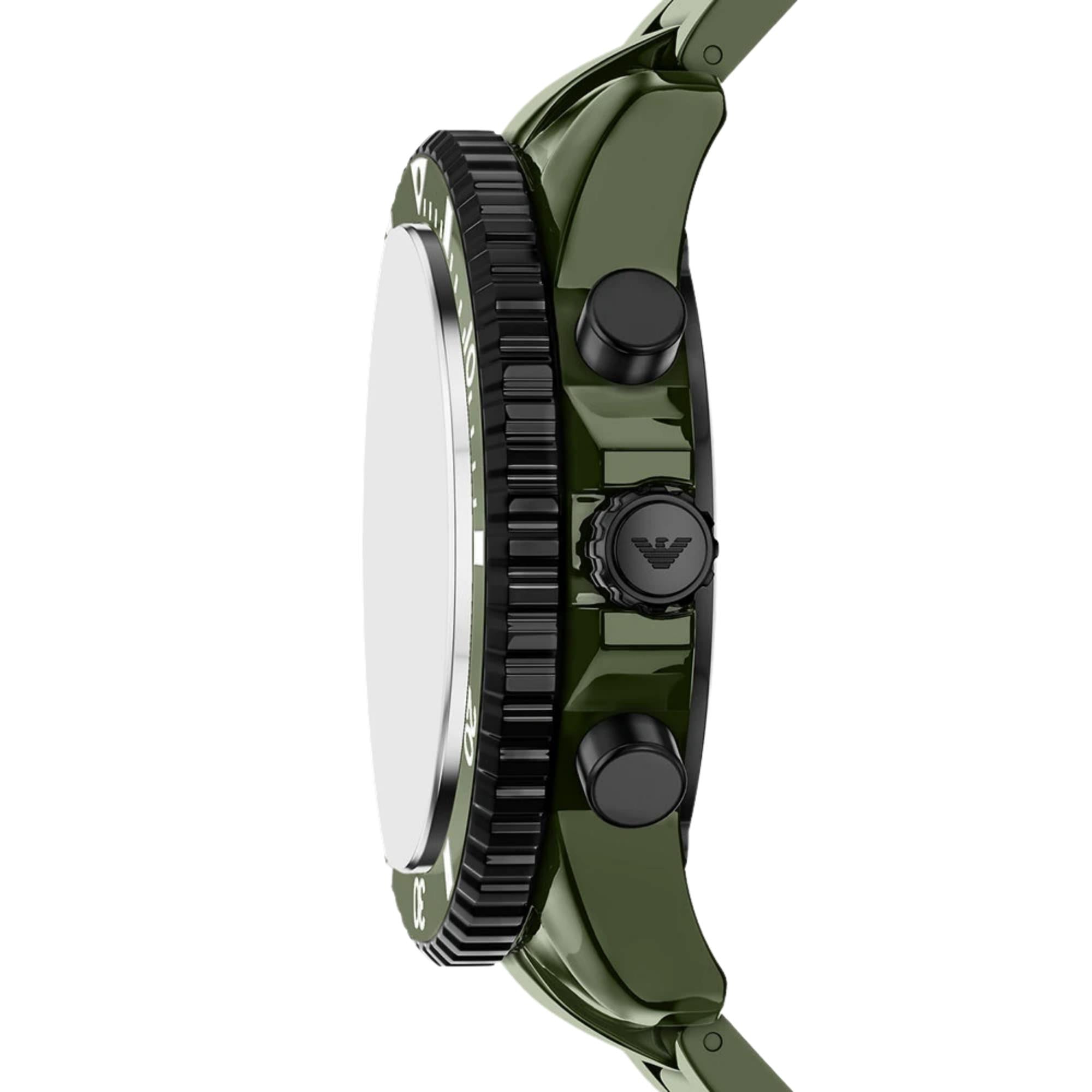 Emporio Armani World Explorer 44m Solar Chronograph Green Dial Ceramic Mens Quartz Watch AR70023