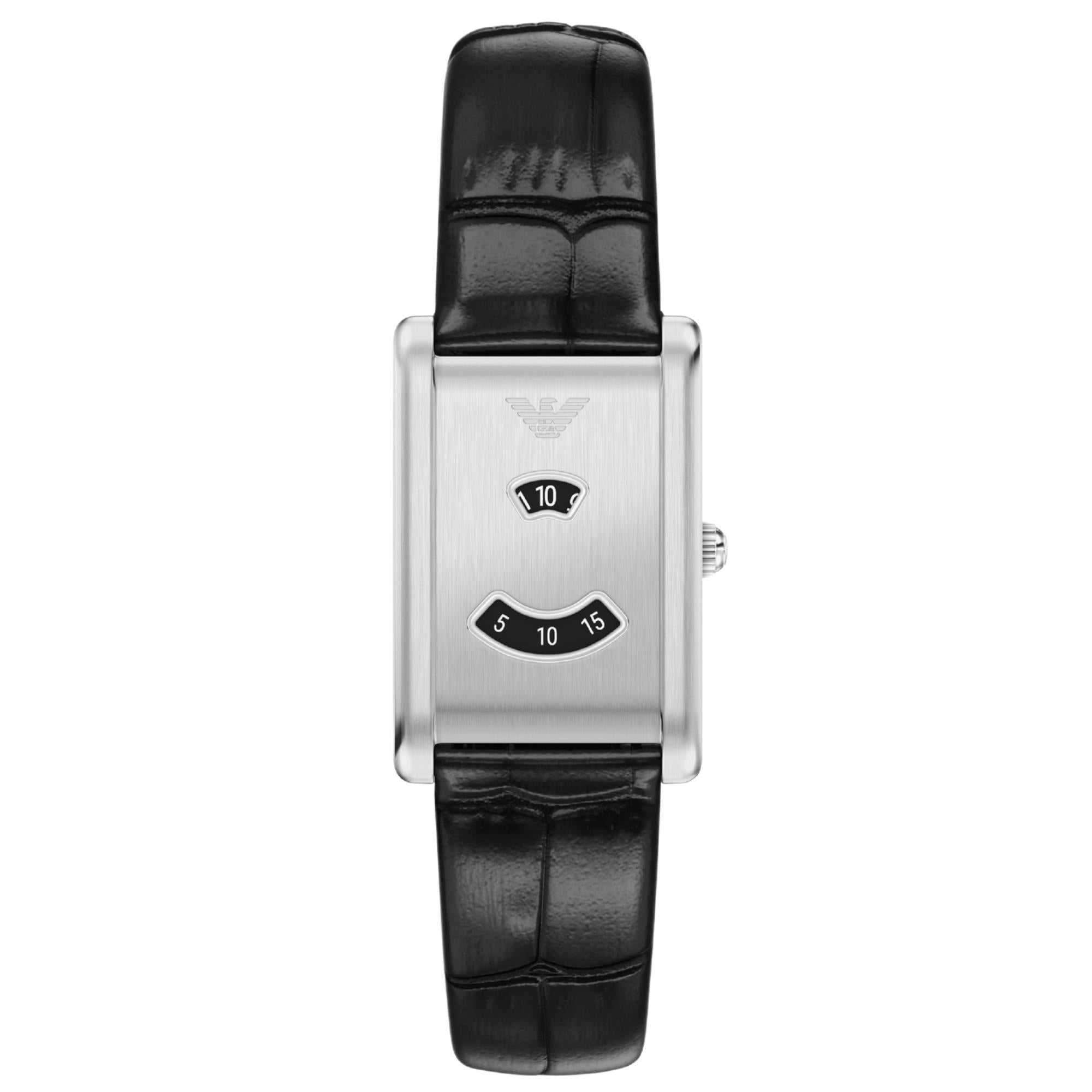 Emporio Armani Mystery Hour 25mm Jumping Hour Black Dial Leather Mens Quartz Watch AR11816