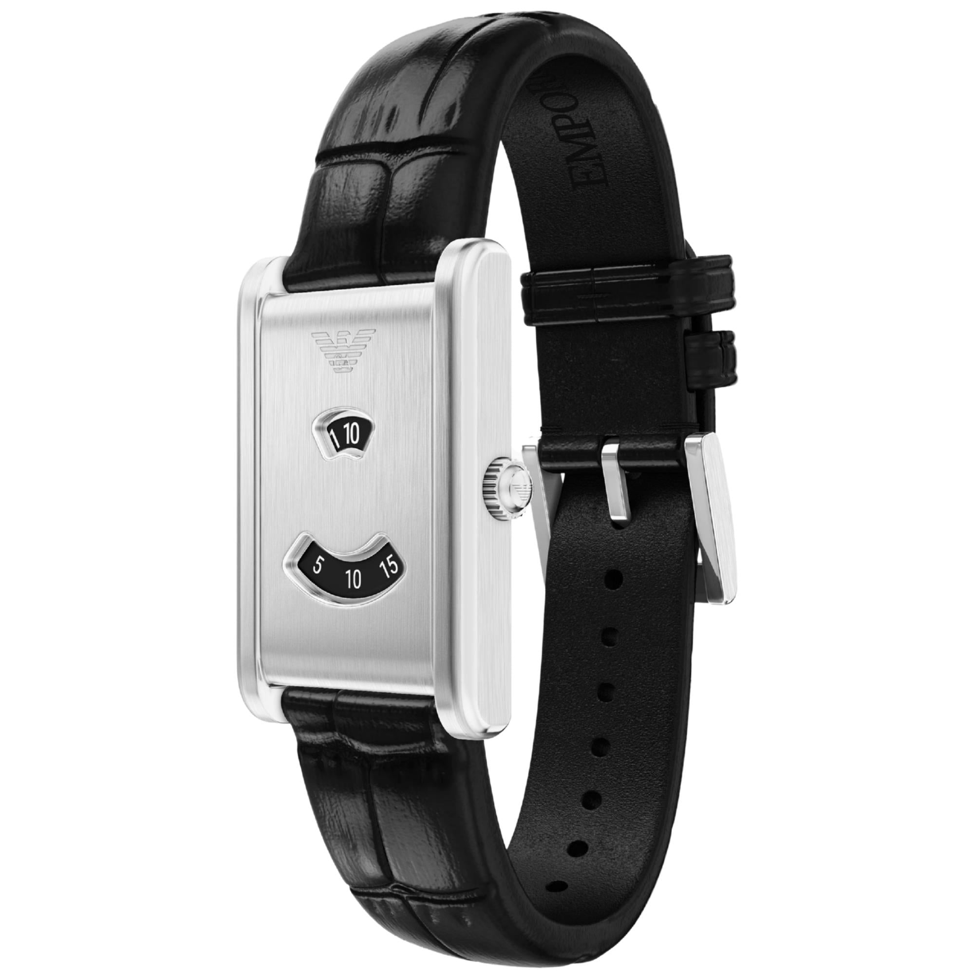 Emporio Armani Mystery Hour 25mm Jumping Hour Black Dial Leather Mens Quartz Watch AR11816