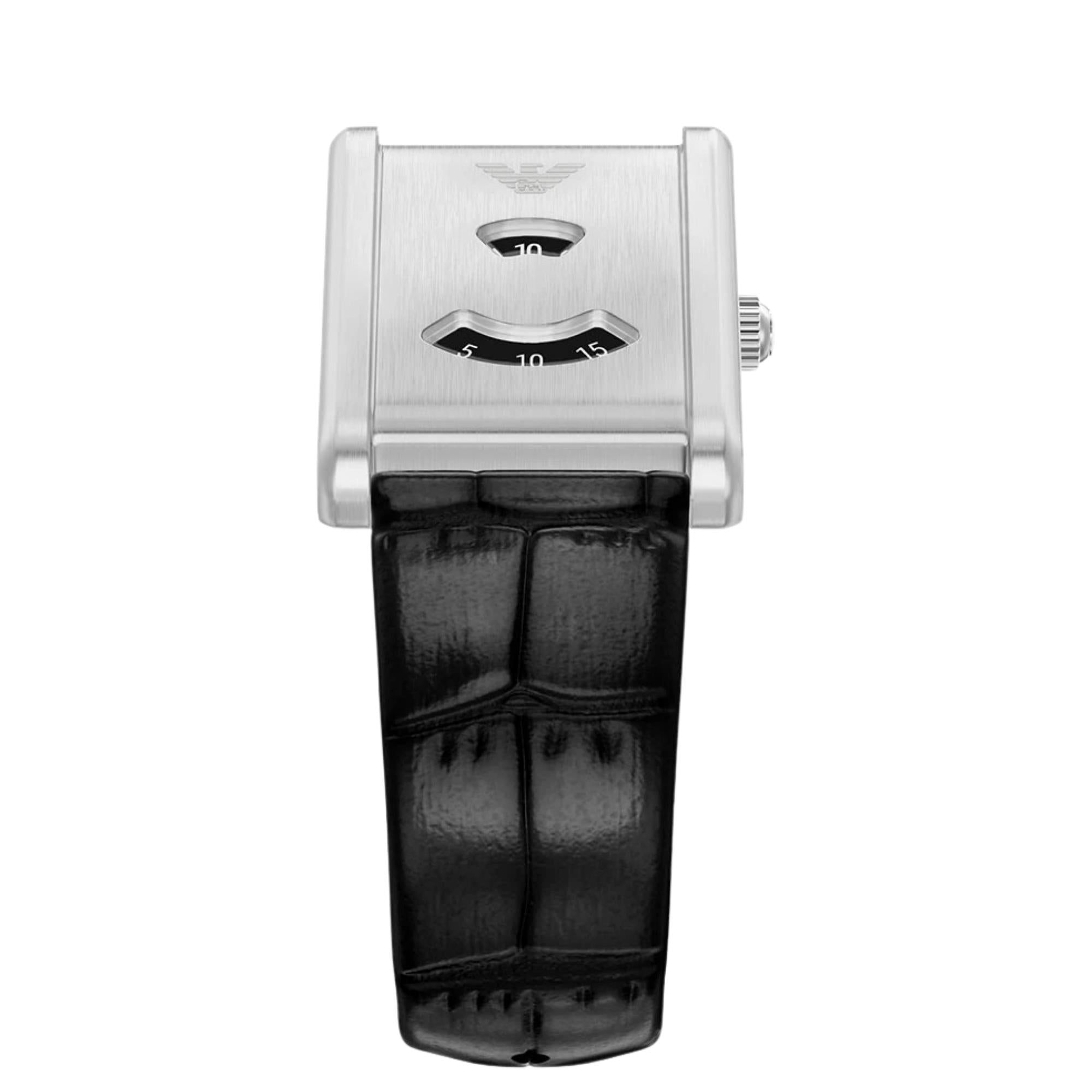 Emporio Armani Mystery Hour 25mm Jumping Hour Black Dial Leather Mens Quartz Watch AR11816