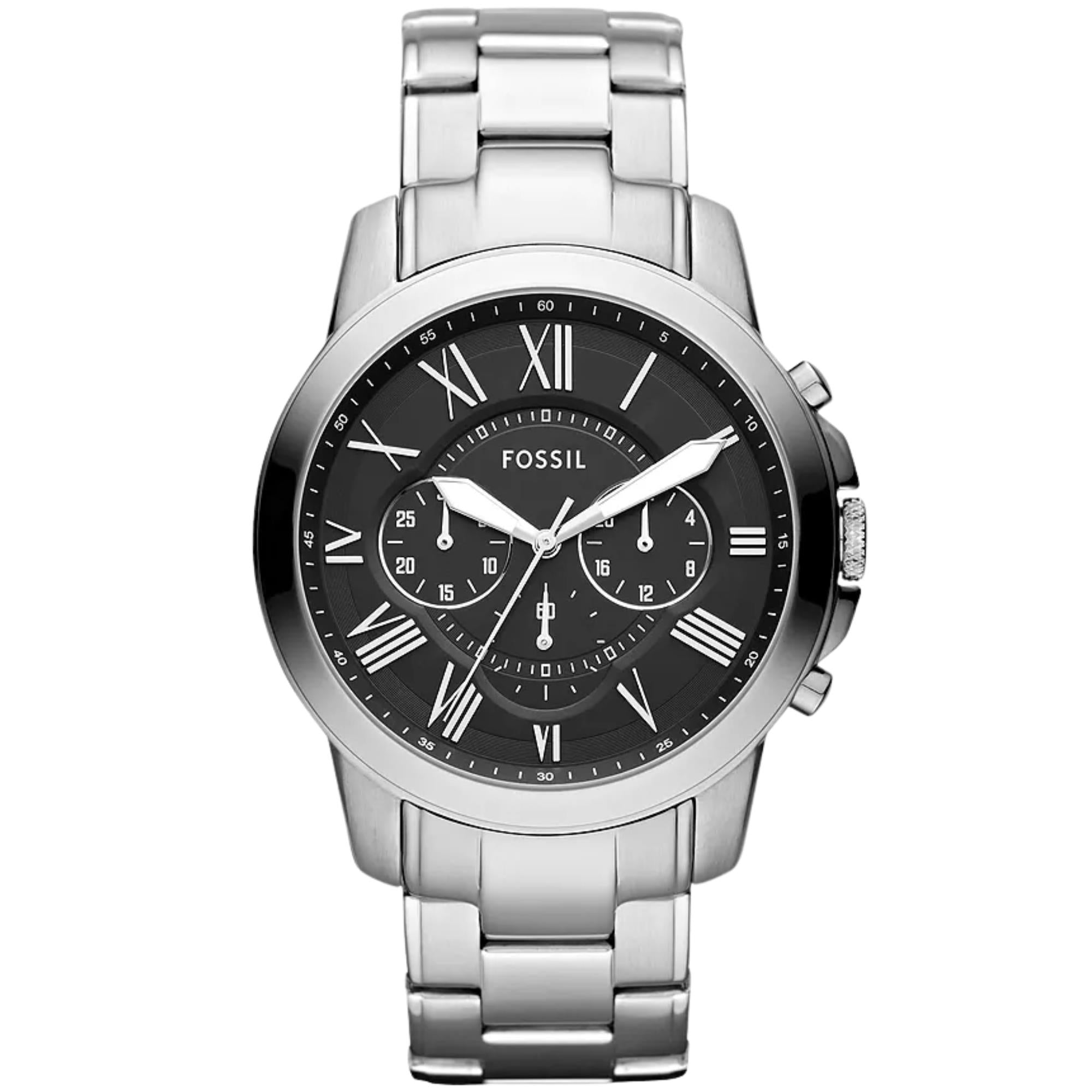 Fossil Grant 44mm Chronograph Black Dial Steel Mens Quartz Watch FS4736