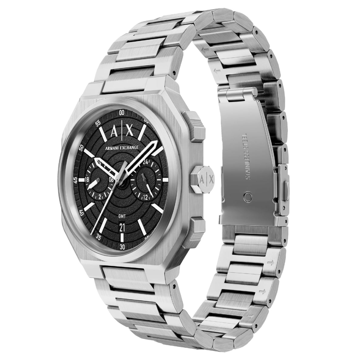Armani Exchange Bass 40mm Dual-Time Black Dial Steel Mens Quartz Watch AX1475