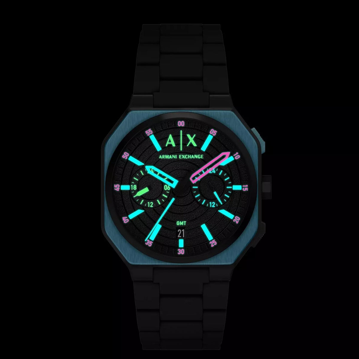 Armani Exchange Bass 40mm Dual-Time Black Dial Silicone Steel Mens Quartz Watch AX1480