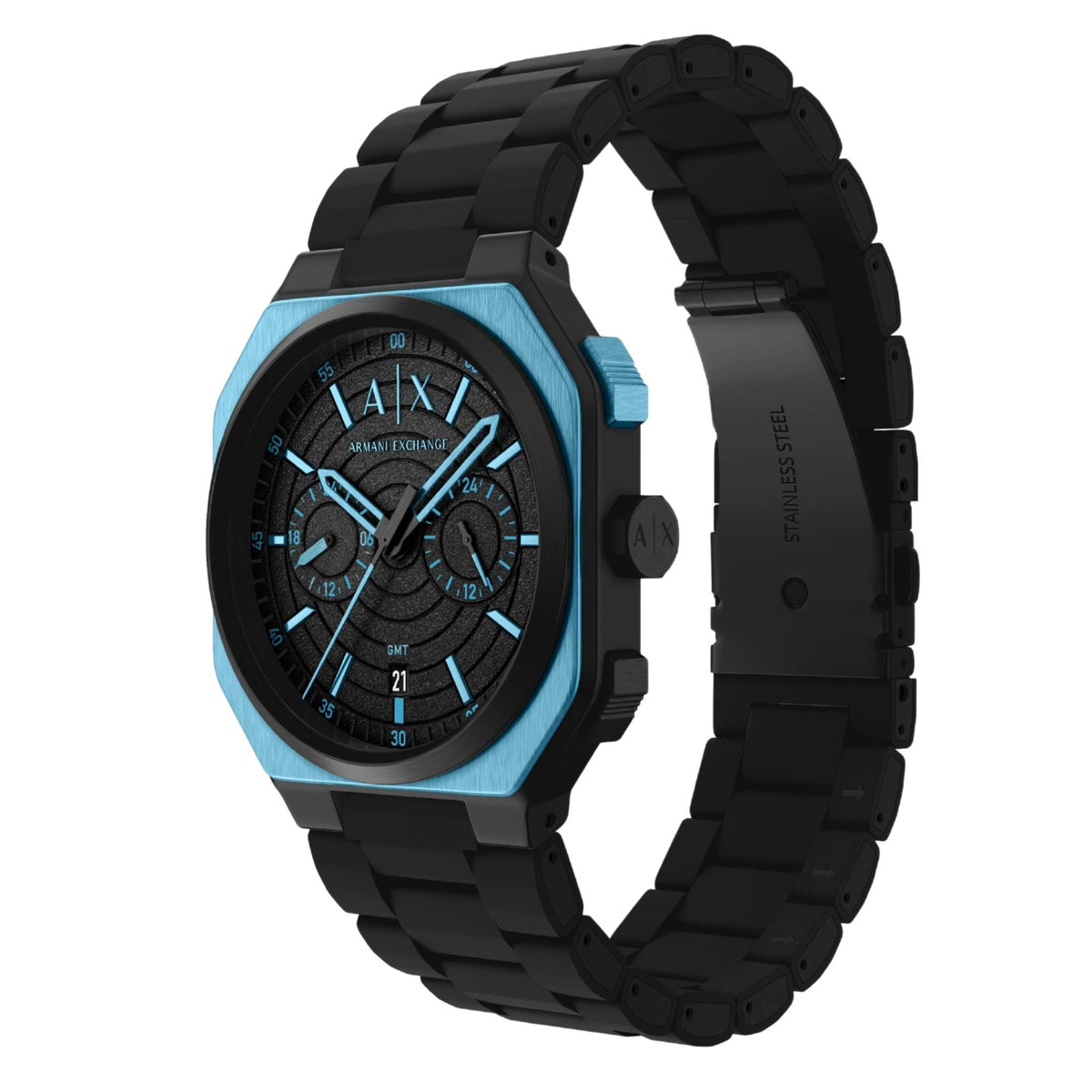 Armani Exchange Bass 40mm Dual-Time Black Dial Silicone Steel Mens Quartz Watch AX1480