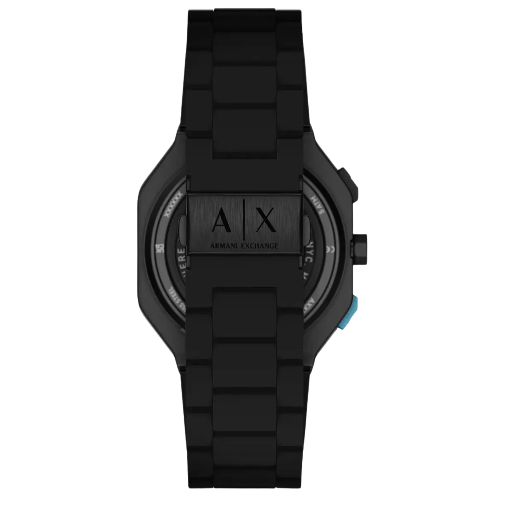 Armani Exchange Bass 40mm Dual-Time Black Dial Silicone Steel Mens Quartz Watch AX1480