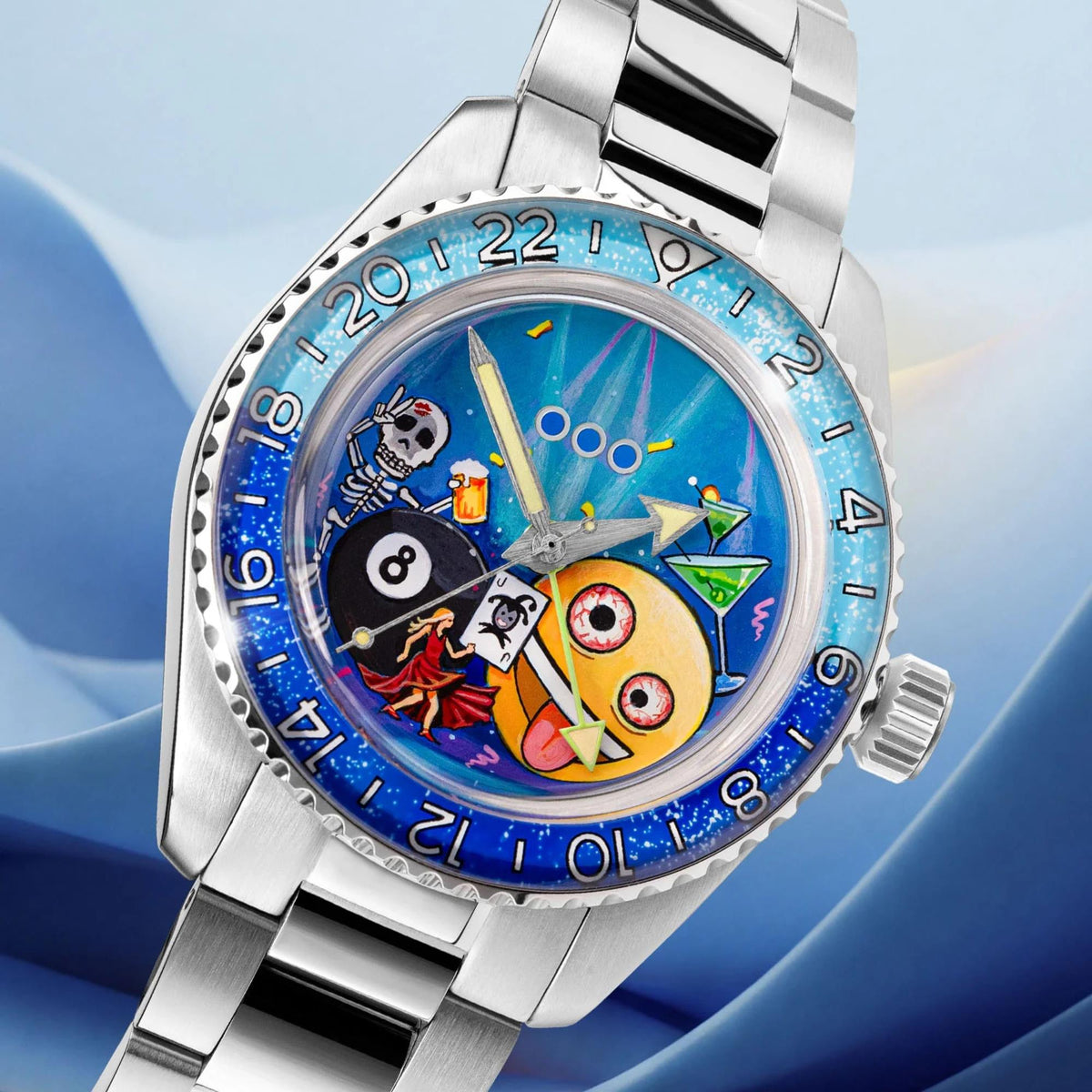 Out of Order x IFL Watches Shaker 'Happy Hour' 40mm Hand-Painted Dial Steel Mens Automatic Watch OOO.001-25.HH.BAND.SS