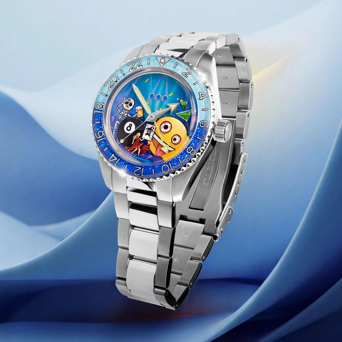 Out of Order x IFL Watches Shaker 'Happy Hour' 40mm Hand-Painted Dial Steel Mens Automatic Watch OOO.001-25.HH.BAND.SS