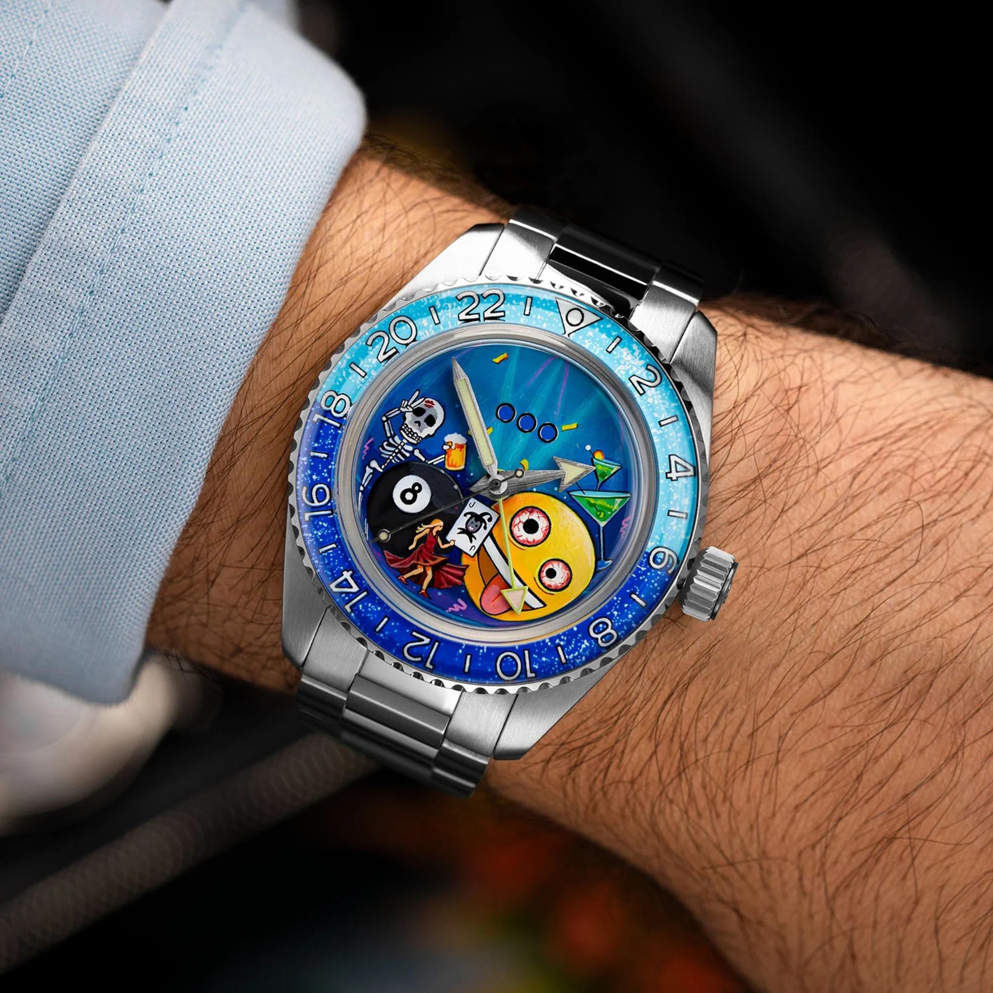 Out of Order x IFL Watches Shaker 'Happy Hour' 40mm Hand-Painted Dial Steel Mens Automatic Watch OOO.001-25.HH.BAND.SS