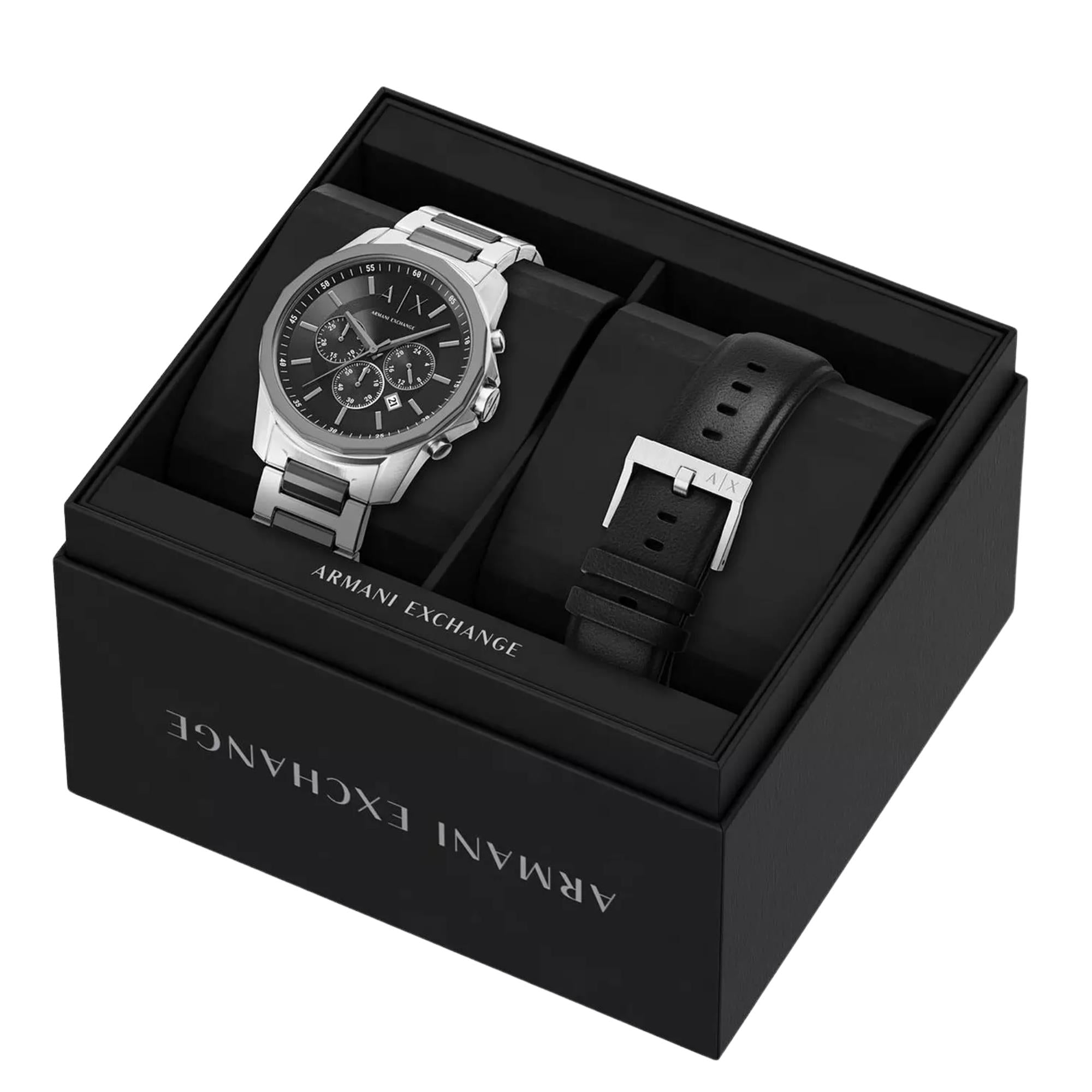 Armani Exchange Banks 44mm Chronograph Black Dial Steel and Steel Mens Quartz Watch AX7181SET