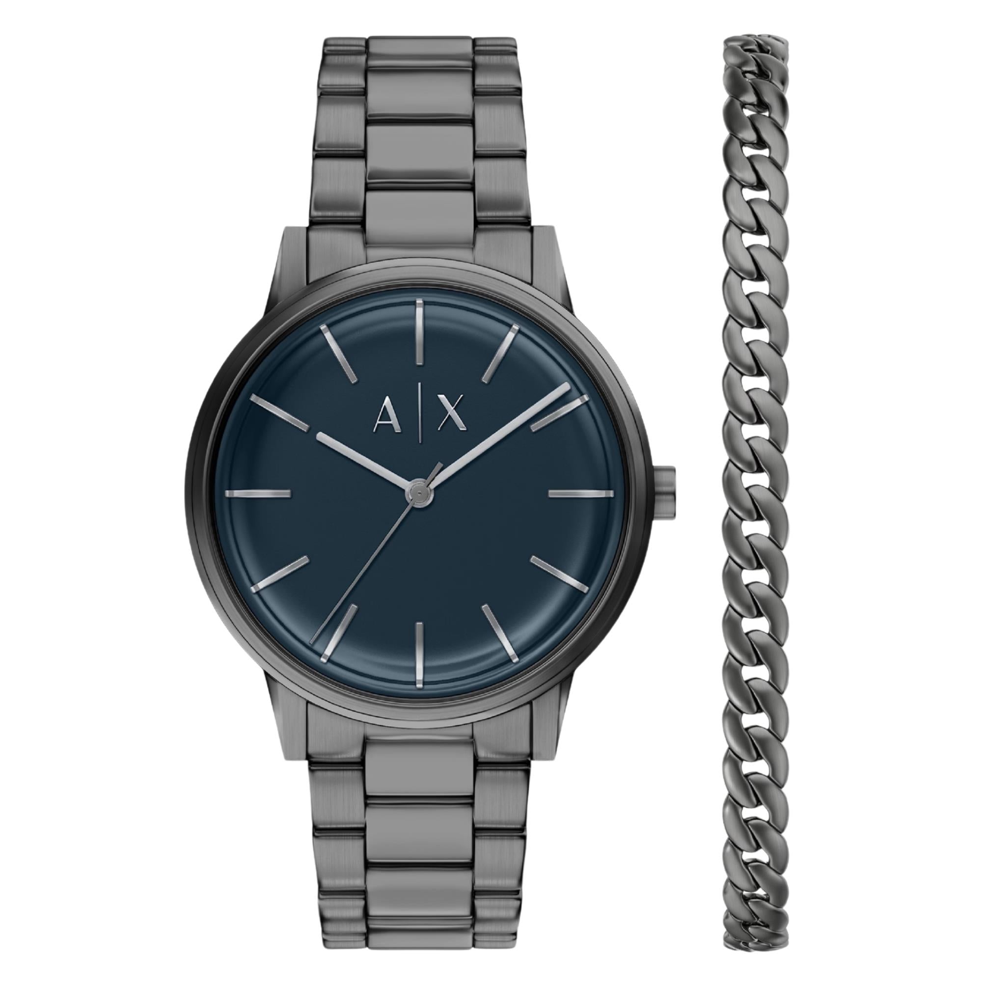 Armani Exchange Cayde 42mm Blue Dial Steel Mens Quartz Watch AX7183SET