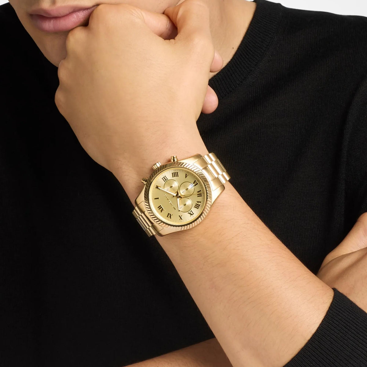 Michael Kors Lexington 45mm Chronograph Gold Dial Steel Mens Quartz Watch MK9276