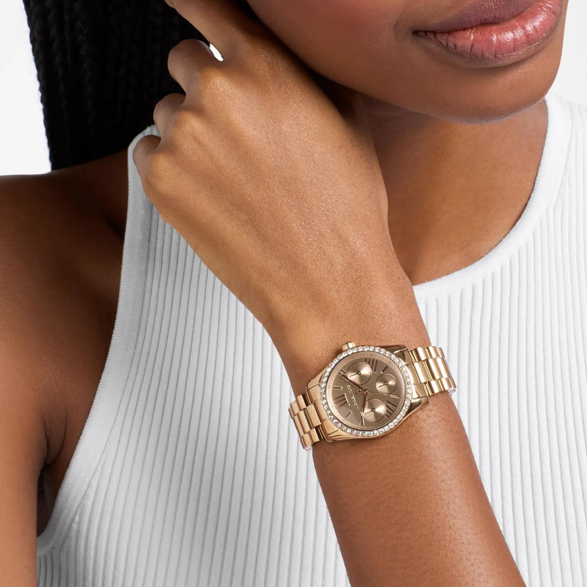 Michael Kors Lexington Pavé 33mm Beige Gold Dial Steel Ladies Quartz Watch MK7631