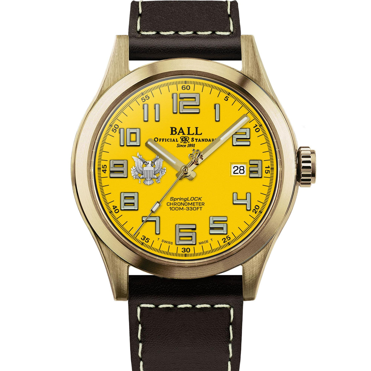 BALL Engineer III 'Army' 43mm Limited Edition Yellow Dial Leather Mens Automatic Watch ND2186C-L4C-YE