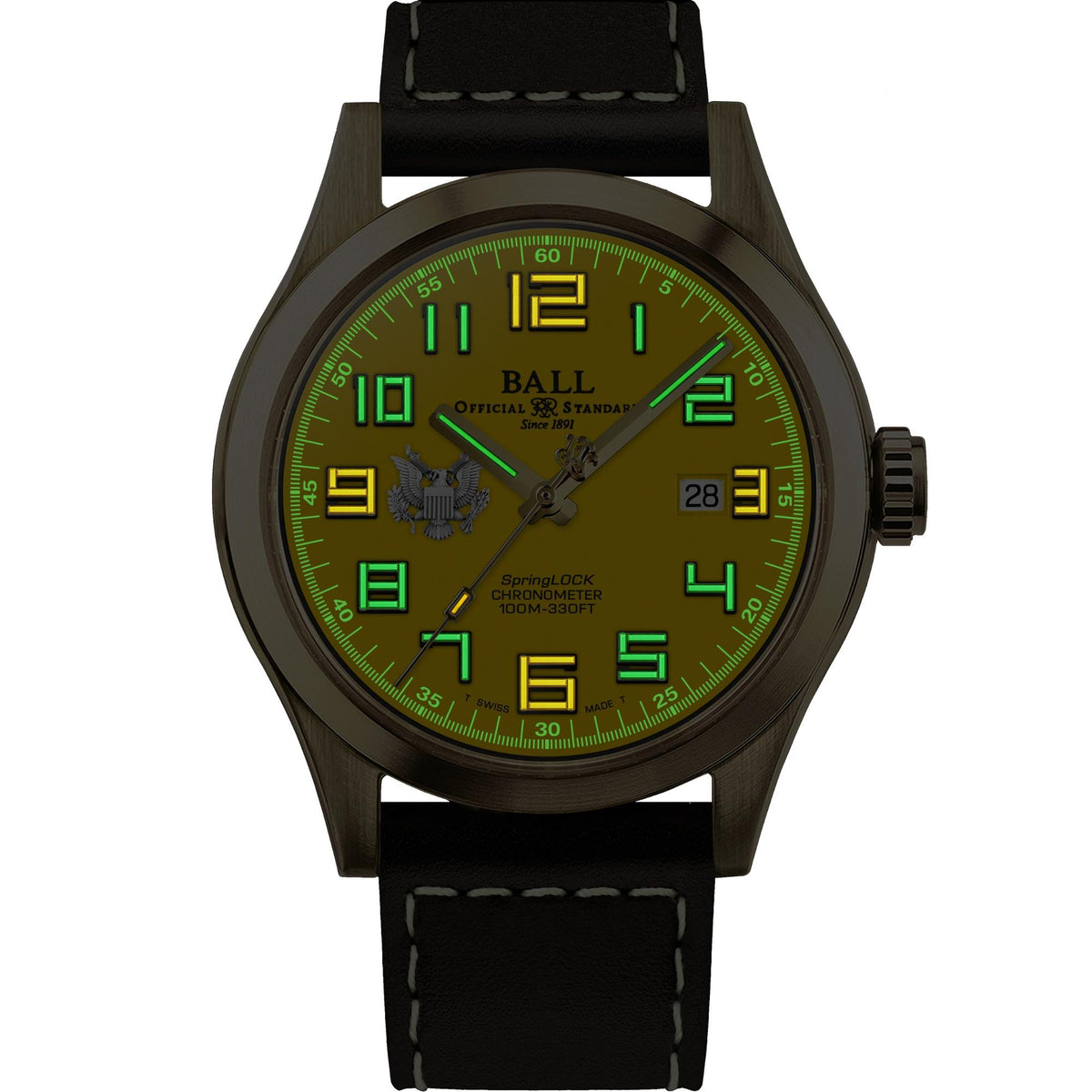 BALL Engineer III 'Army' 43mm Limited Edition Yellow Dial Leather Mens Automatic Watch ND2186C-L4C-YE