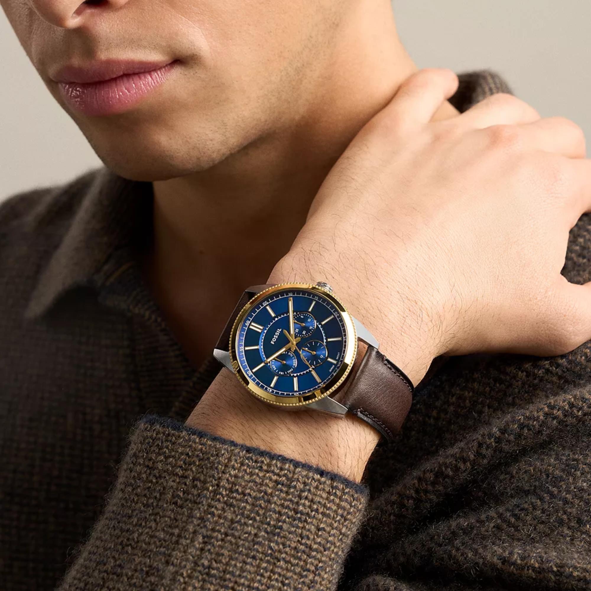 Fossil Pearson 42mm Multifunction Blue Dial Leather Mens Quartz Watch FS6195