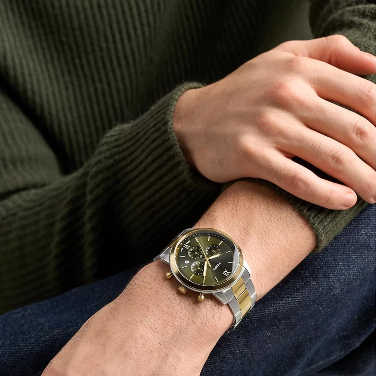 Fossil Neutra 44mm Chronograph Green Dial Steel Mens Quartz Watch FS6189